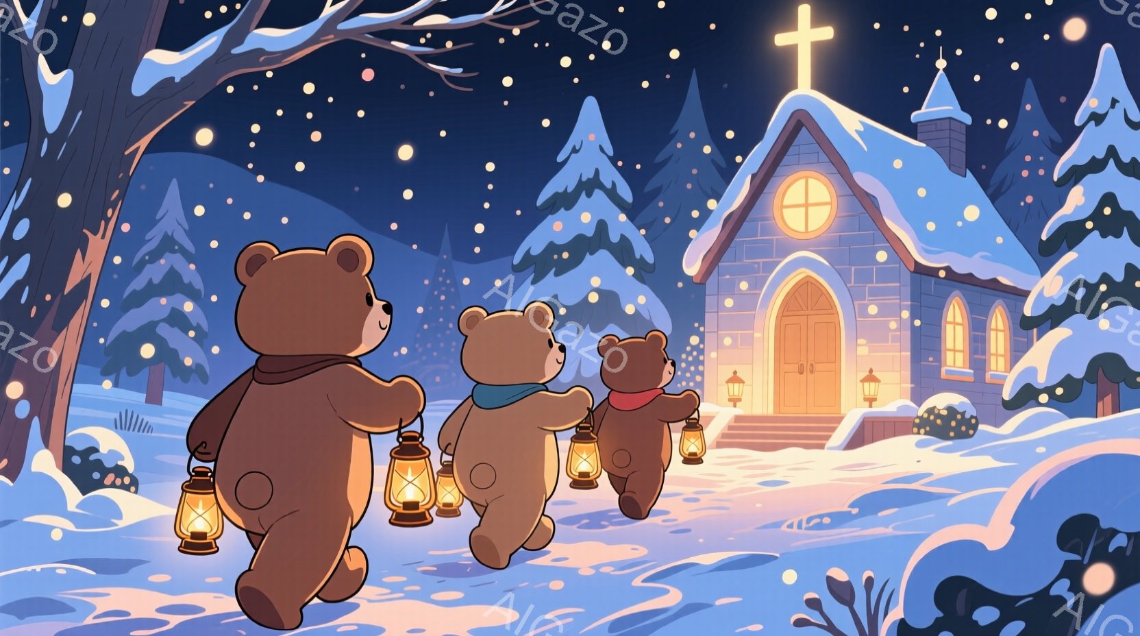 雪の降る夜、３匹のクマがランタンを手に教会へと向かっている。クマたちは赤いスカーフを巻き、前かがみになりながら歩き、暖かい光が雪景色を照らしている。背景には雪で覆われた教会があり、窓から灯りが漏れてお - AI生成フリー素材