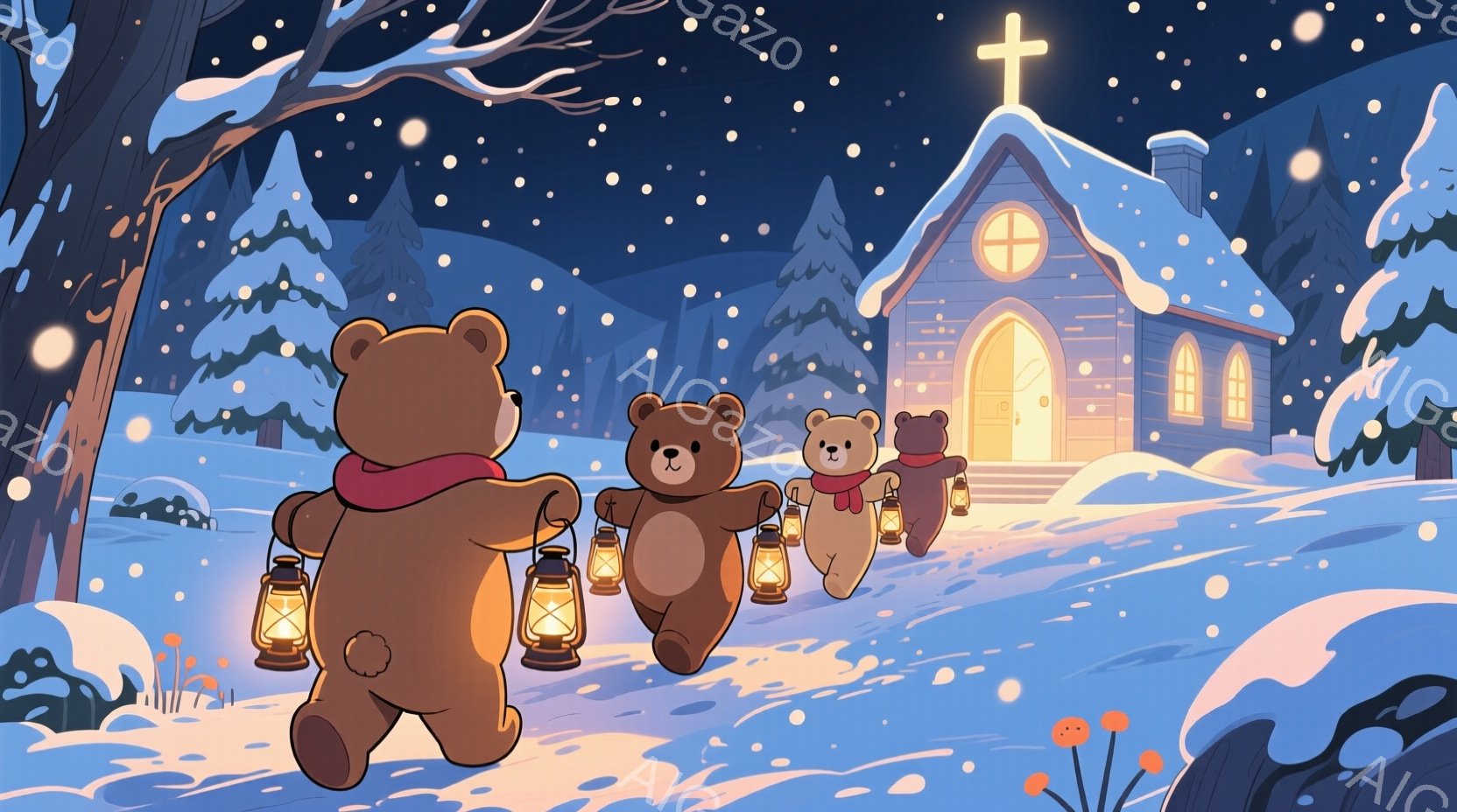 暖かく優しい雰囲気のイラストで、可愛らしいトナカイが教会の入り口に立っています。トナカイは赤い蝶ネクタイを付け、満面の笑顔でこちらを見ており、その姿はとても愛らしいです。背景には、クリスマスらしい飾り - AI生成フリー素材