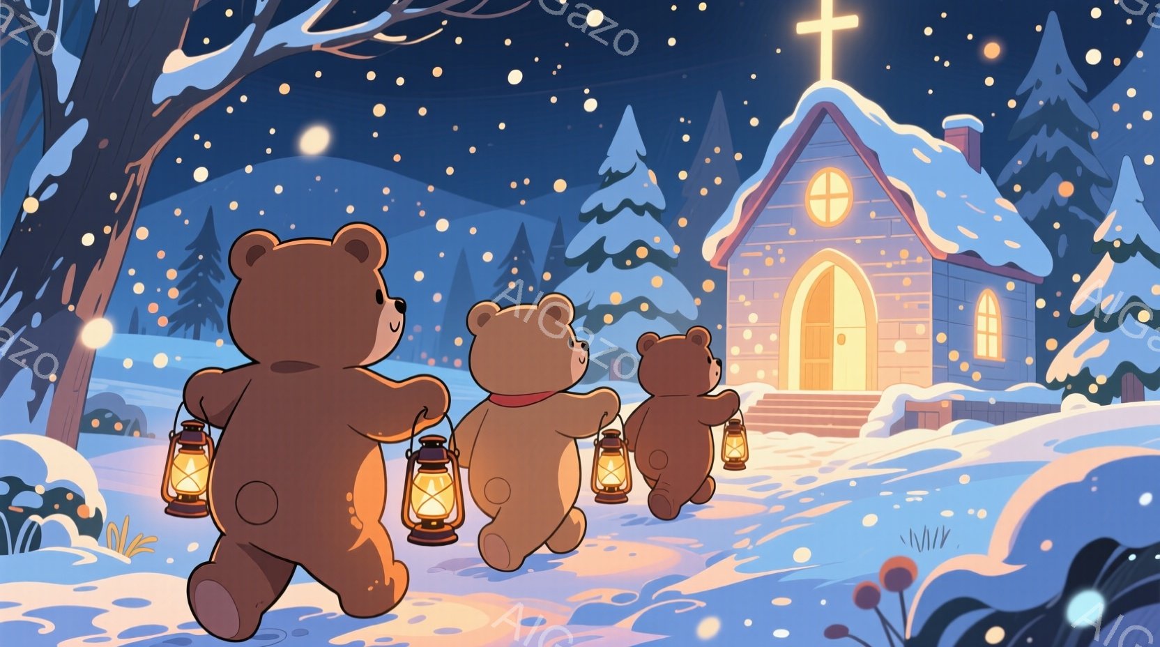 雪景色の中で提灯を手に歩く３匹の熊が描かれています。彼らは背中を丸め、夜の暗闇に光を灯しながら、小さな教会に向かって歩いています。背景には雪に覆われた木々や教会からの温かい光が広がり、静かで幻想的な冬の夜の雰囲気が漂っています。