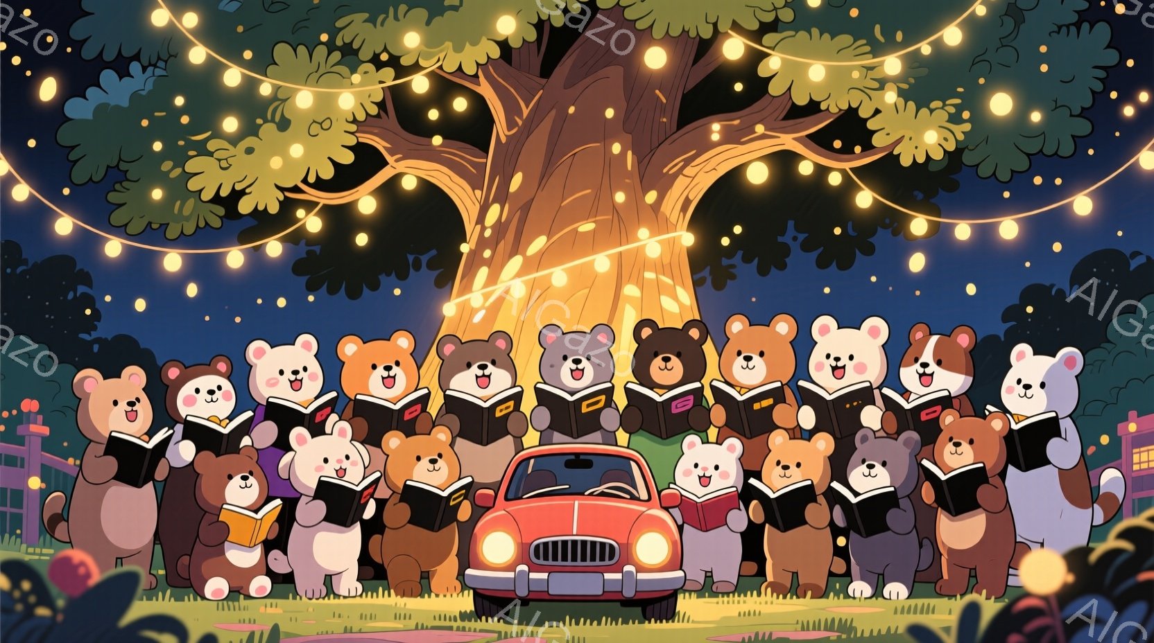 多くのクマや犬のキャラクターが、赤いクラシックカーの前に整列し、楽譜を見ながら歌っている様子が描かれています。キャラクターたちは皆、笑顔で、楽しそうに歌っているのがわかります。背景には大きな木と、夜空 - AI生成フリー素材