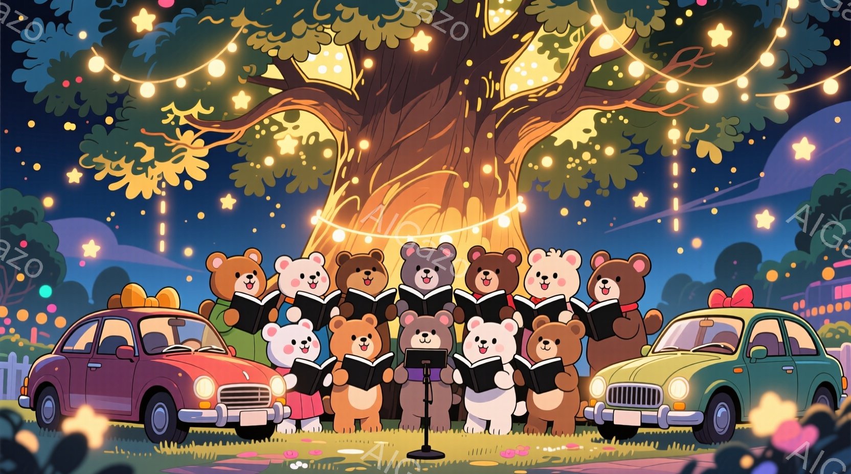 可愛らしいクマたちの合唱団が、緑豊かな芝生の上で歌っています。彼らは皆、黒いベストと白いシャツを着ており、口を開けて楽しそうに歌っています。背景には大きな木と、キラキラと輝く星空が広がり、レトロな車が左右に配置され、温かく幻想的な雰囲気を醸し出しています。