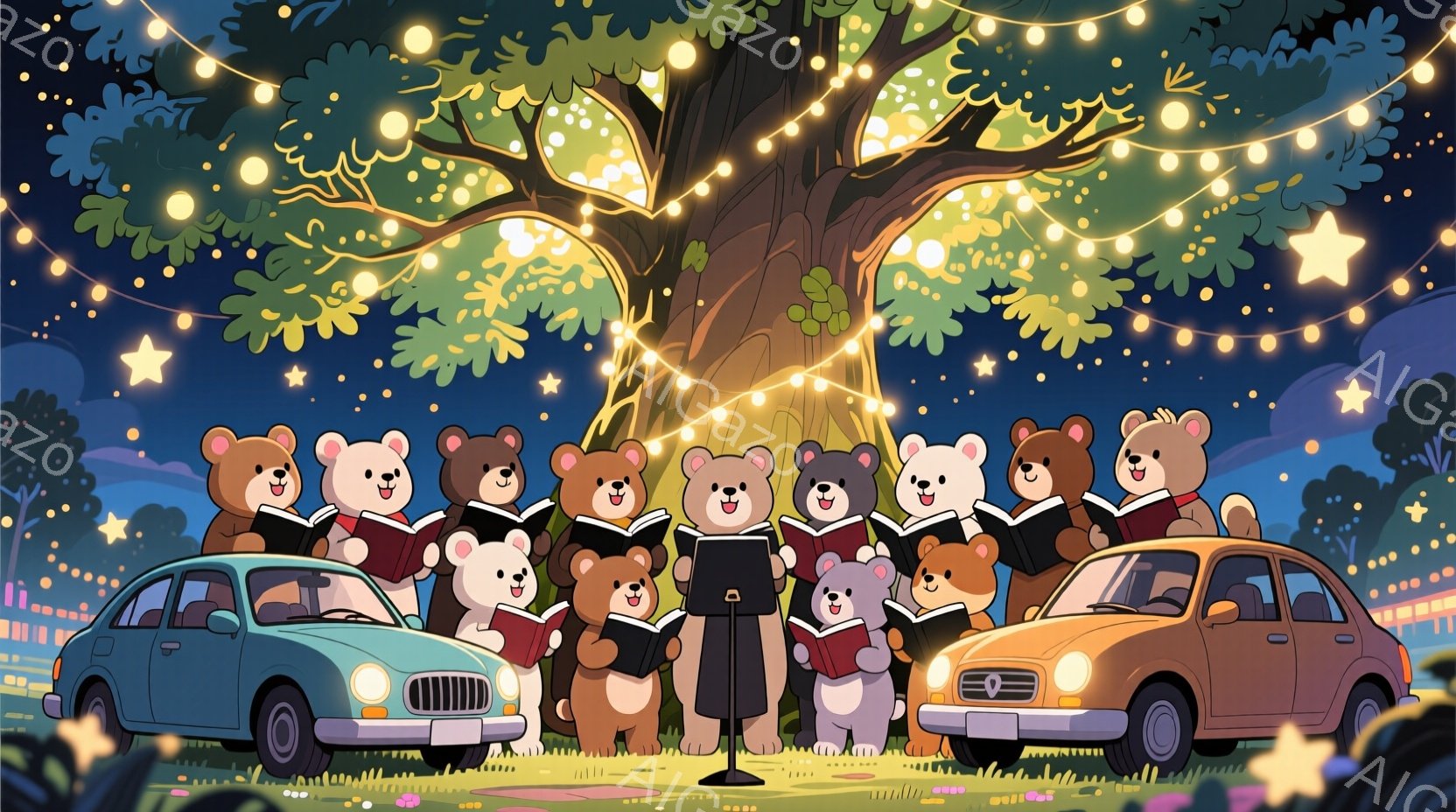 夜の公園で、かわいらしいクマのグループが合唱している様子が描かれています。クマたちは皆、それぞれ小さな赤い本を手に持ち、口を開けて歌っているかのように見え、表情は楽しげです。背景には大きな木、星が散りばめられた夜空、そしてレトロな車が配置され、温かく幻想的な雰囲気を醸し出しています。