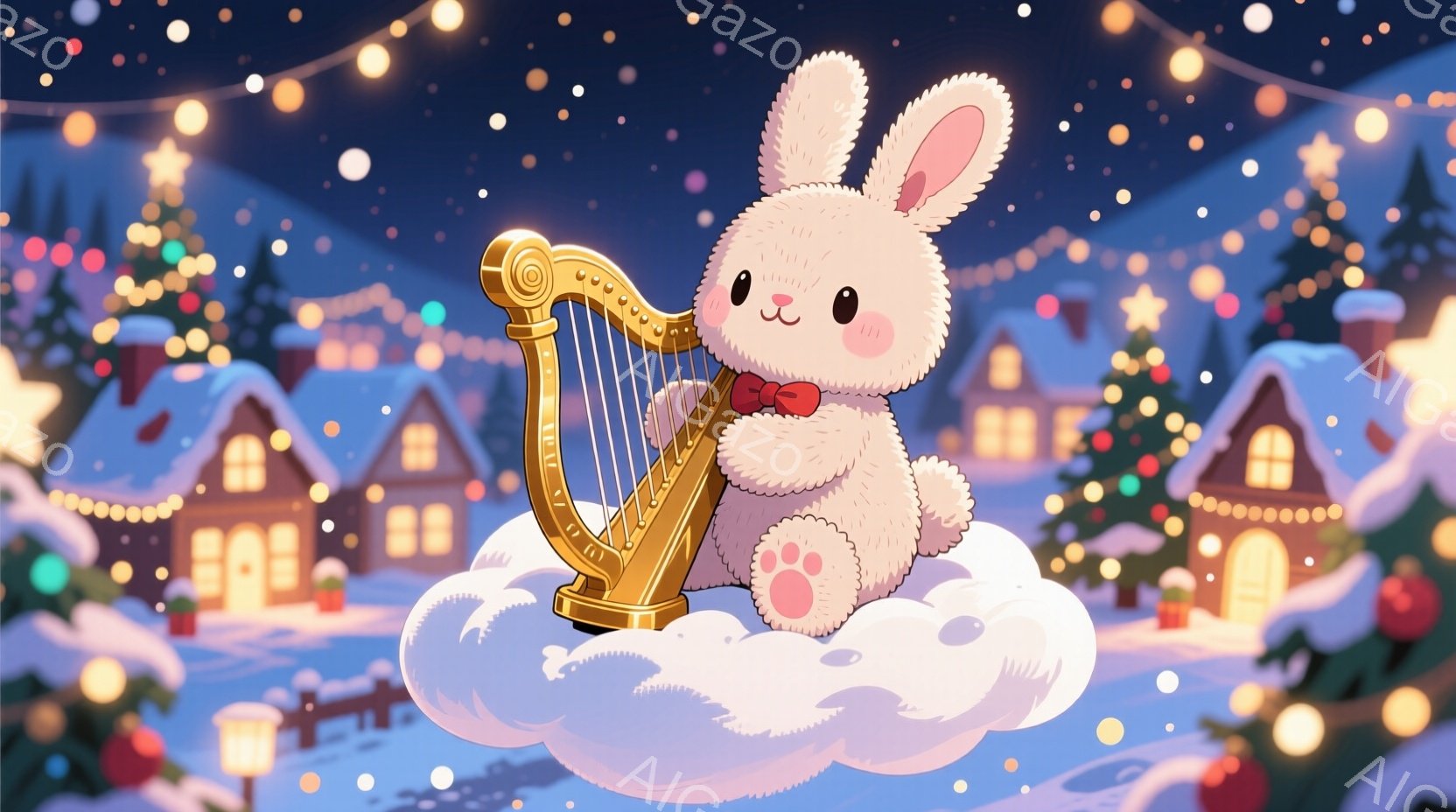 白い毛並みのウサギが雲の上に立ち、金色のハープを演奏している。ウサギは赤いリボンをつけており、嬉しそうな表情をしている。背景には雪に覆われた家々が並び、暖かい光が灯り、星空が広がり、冬の夜の穏やかで幻想的な雰囲気を醸し出している。