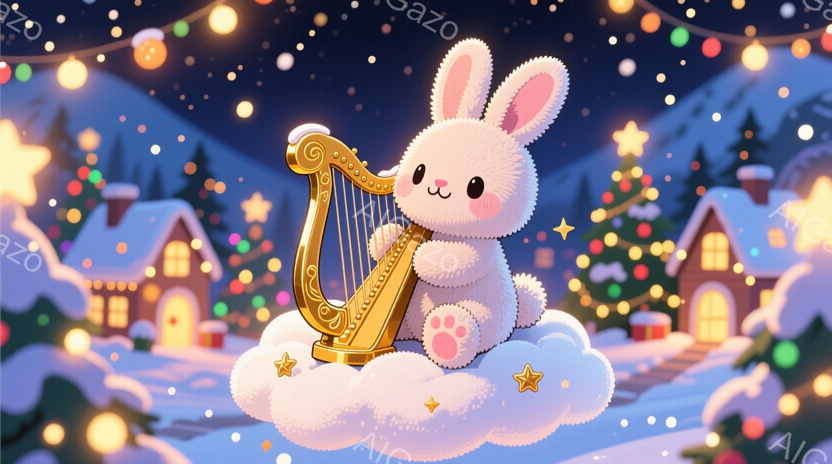 ふわふわの白いウサギが雲の上に座り、金色のハープを抱えています。背景には、雪で覆われた屋根の家々やクリスマスツリーが見え、星や光が夜空に散りばめられています。全体的に温かく、幻想的なクリスマスの雰囲気 - AI生成フリー素材