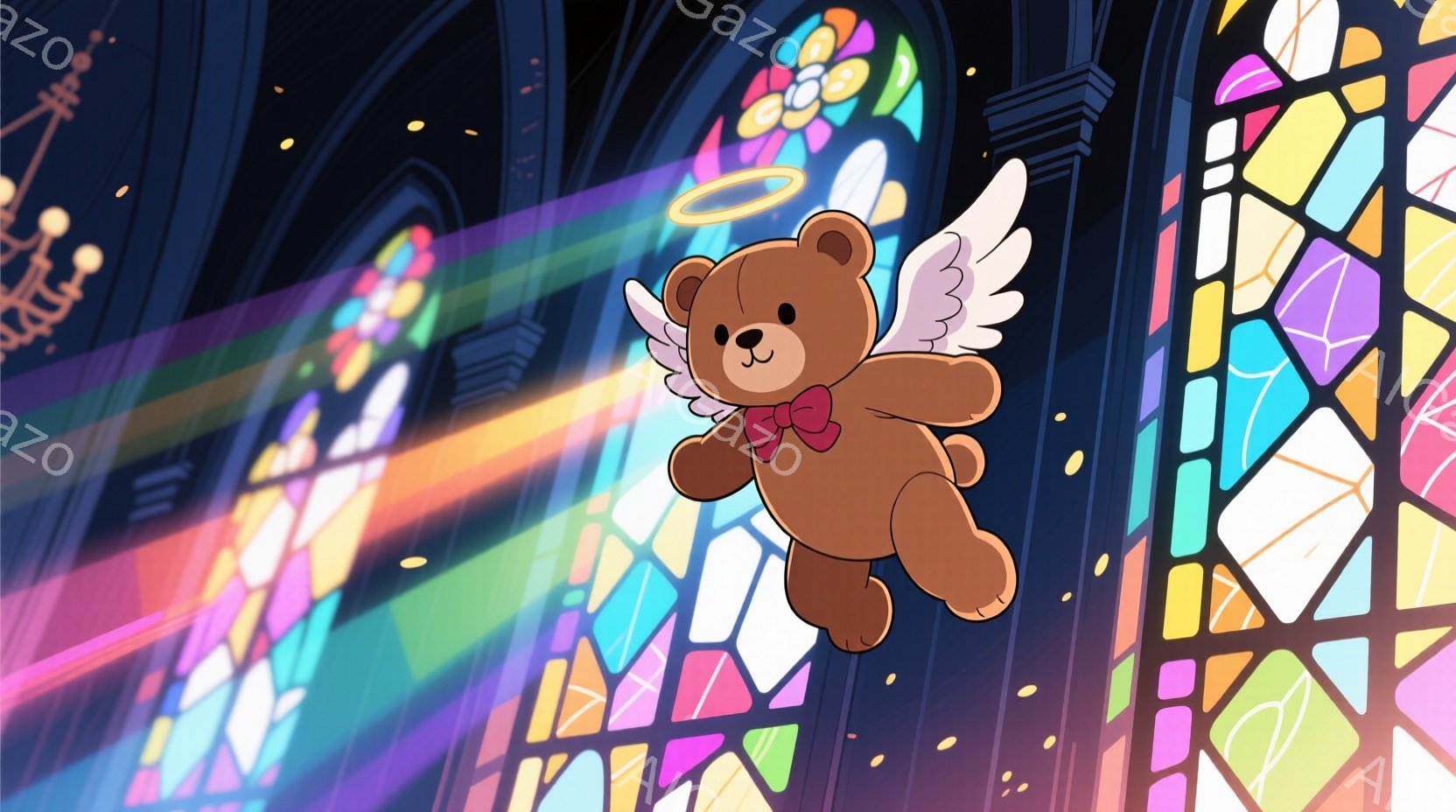 茶色のテディベアが翼をつけて、ステンドグラスの窓から差し込む光の中で飛んでいる様子が描かれています。赤いリボンを首に巻き、穏やかな表情で、まるで天使のように優雅に空を舞っています。背景には、カラフルなステンドグラスと暗い空間が広がり、神聖で幻想的な雰囲気を醸し出しています。