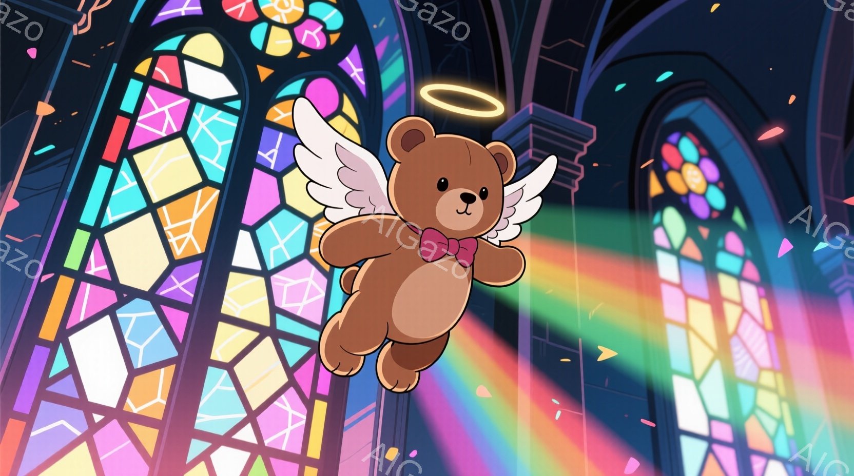 鮮やかなステンドグラスの光が差し込む大聖堂内で、茶色のテディベアが天使の羽を広げて空を飛んでいる。赤いリボンが首元に結ばれており、優しい表情で穏やかな空を漂っている様子が描かれている。背景にはゴシック様式の柱や複雑な模様のステンドグラスが広がり、神聖で幻想的な雰囲気を醸し出している。
