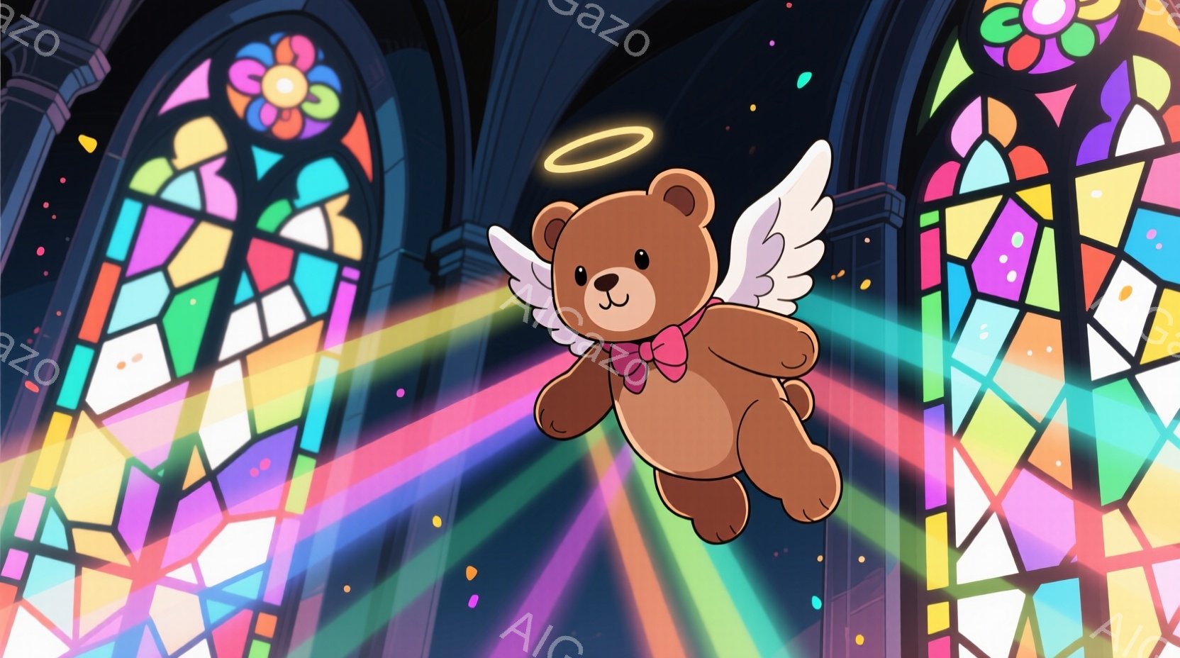 茶色のテディベアが、背中に白い翼をつけて宙を舞っている。赤いリボンが首に結ばれており、愛らしい表情をしている。背景にはステンドグラスの窓が並び、光が差し込み、神聖で夢幻的な雰囲気を醸し出している。