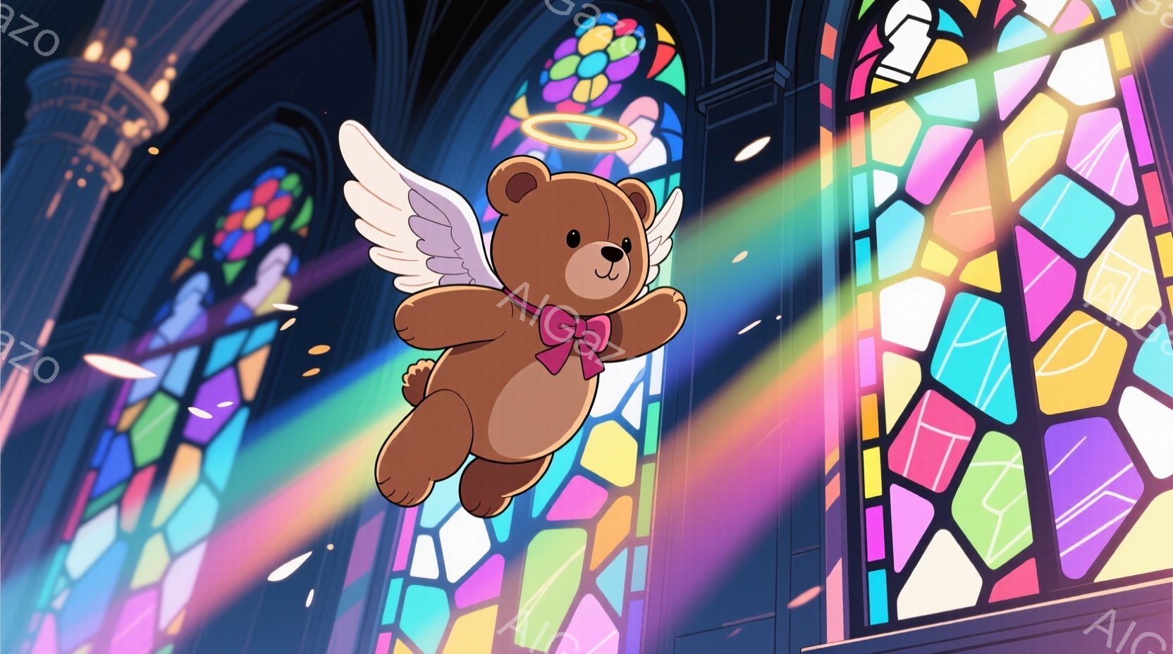 柔らかい茶色のテディベアが、白い翼を広げて空を飛んでいる。赤いリボンを首に巻き、優しい表情で、ステンドグラスの窓から差し込む光の中で、まるで天使のように見える。背景には、美しいステンドグラスの窓があり、光の粒子が舞い散り、神聖で夢幻的な雰囲気を醸し出している。