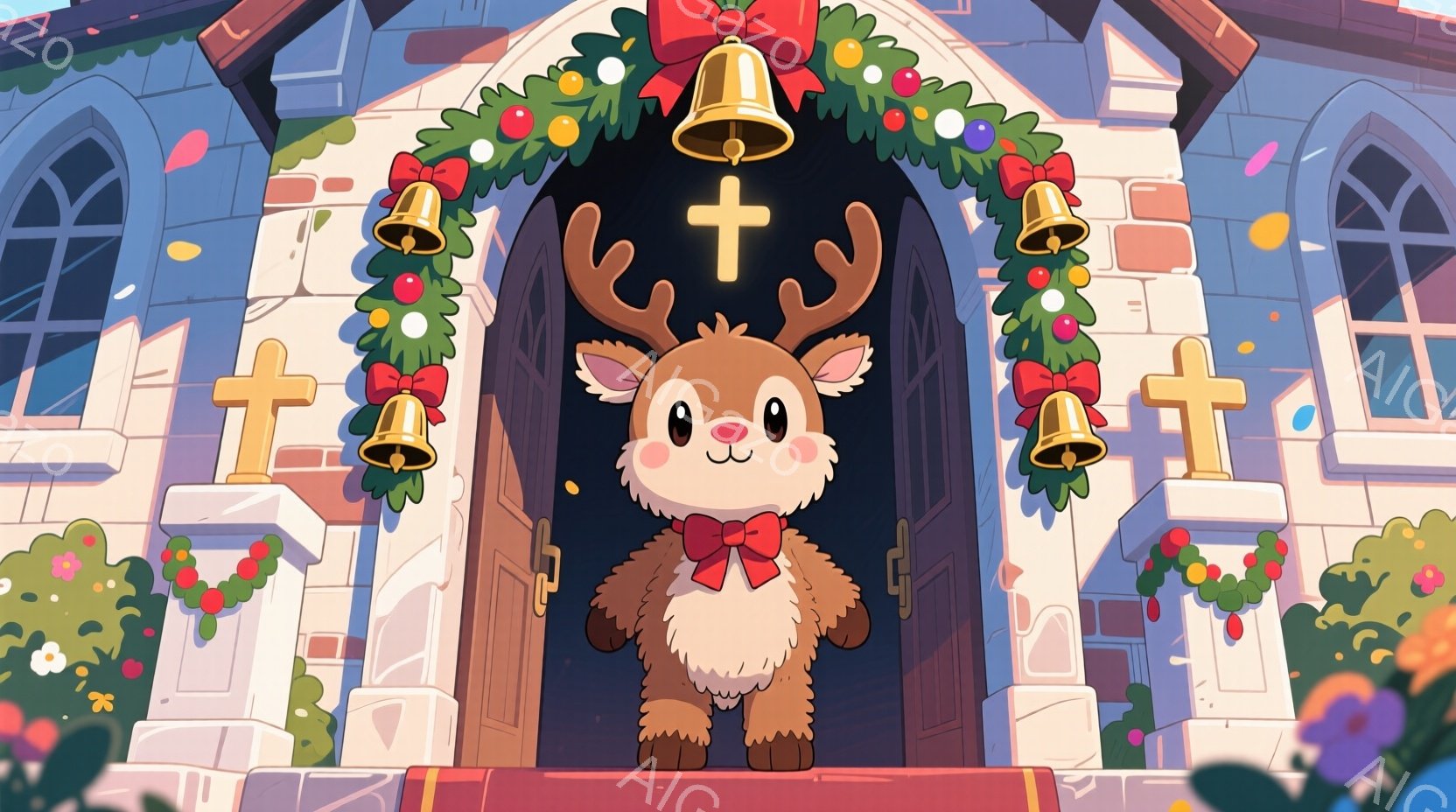 白い背景に、可愛らしいトナカイのキャラクターが描かれています。赤いリボンを首につけ、少し微笑んだ表情で正面を見つめており、片足を少し上げて立っています。背景には、クリスマス飾りで彩られた教会があり、花 - AI生成フリー素材