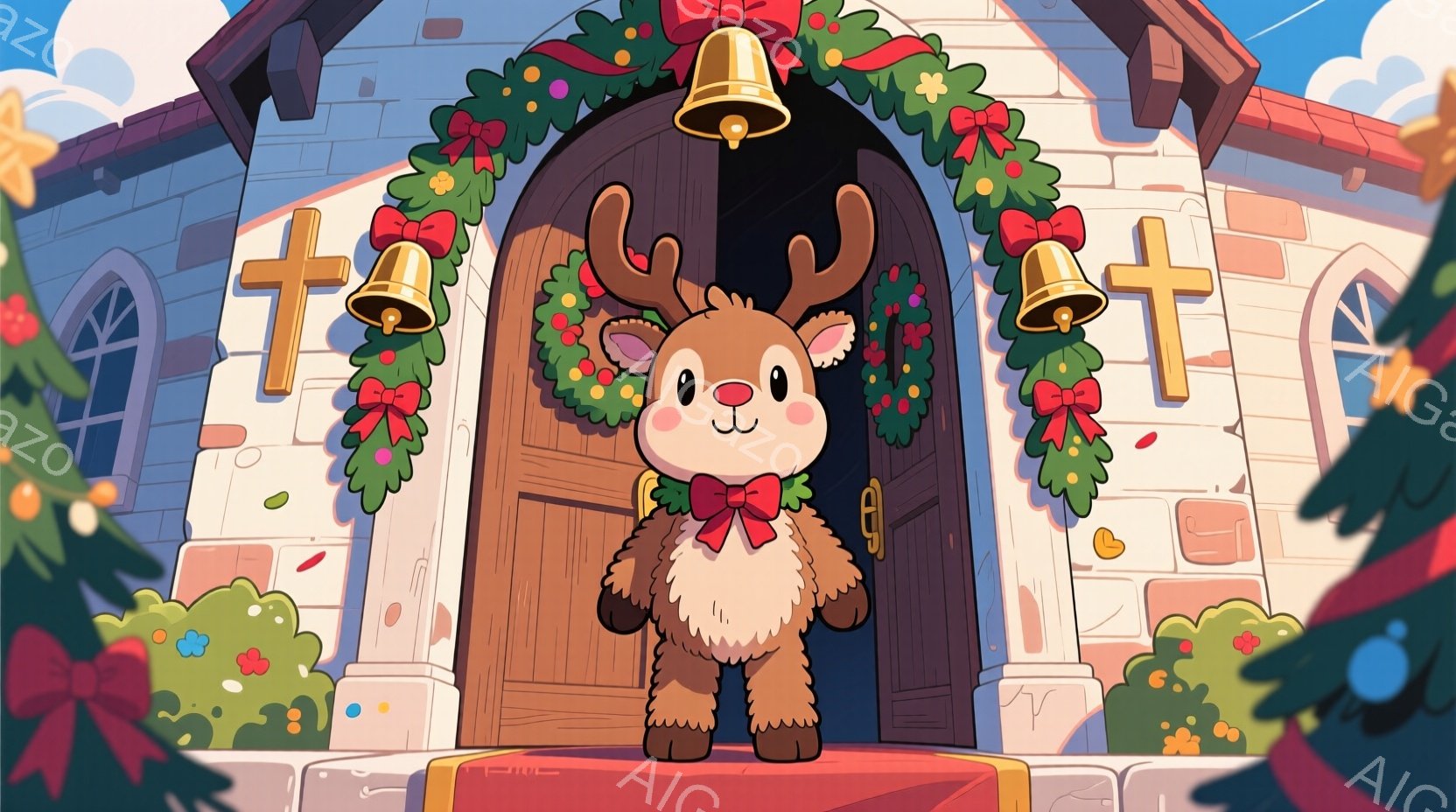 茶色いトナカイのキャラクターが、クリスマスの飾り付けがされた教会の正面玄関前に立っています。赤いリボンをつけた可愛らしい姿で、少し恥ずかしそうな表情を浮かべています。背景には、雪の降る冬の景色が広がっており、暖かく、お祝いムードに満ちた雰囲気です。