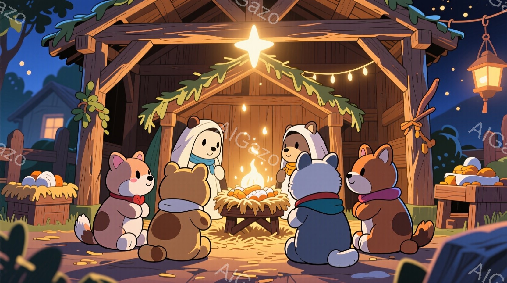 暖炉のような小屋の中で、動物たちが集まって何かを見つめている様子が描かれています。それぞれの動物は冬の衣装を着ており、明るい表情で中心を見つめています。背景には、雪の降る夜の風景と小さな家々が描かれており、全体的に暖かく、お祝いムードに満ちた雰囲気です。