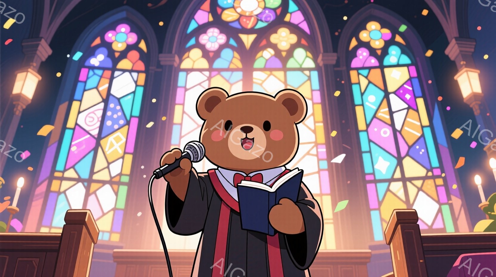 ぬいぐるみのクマが壇上でマイクを持って歌っている様子が描かれています。黒いローブに赤いネクタイとベストを着用し、片手に楽譜を持って明るい表情をしています。背景にはステンドグラスが輝く教会の内部が見え、暖かく幻想的な雰囲気が漂っています。