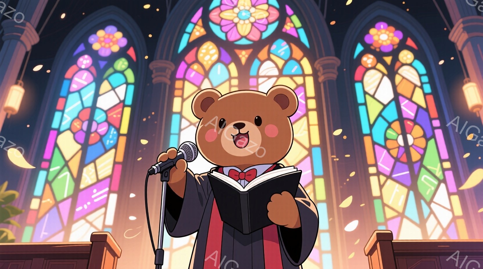 茶色のクマのキャラクターが、ステンドグラスが輝く教会の壇上に立っている。黒いローブに赤い蝶ネクタイを締め、片手に楽譜、もう片手にマイクを持って歌っている様子は、陽気で楽しげだ。背景には美しいステンドグラスの窓が広がり、全体的に温かく、祝福された雰囲気である。