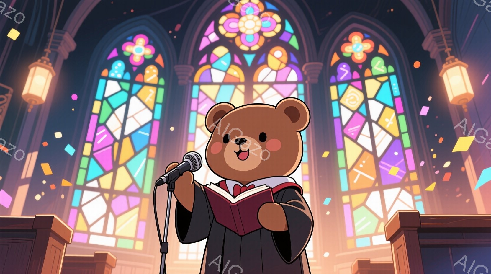 茶色のクマが教会の壇上で歌っている様子が描かれています。クマは黒いローブのような服を着て、首には白い襟を付けており、片手で歌の本を持ち、もう片手でマイクを持っています。背景にはステンドグラスの窓が輝き、祭壇の周りには木製の椅子が並び、全体的に荘厳で神聖な雰囲気が漂っています。