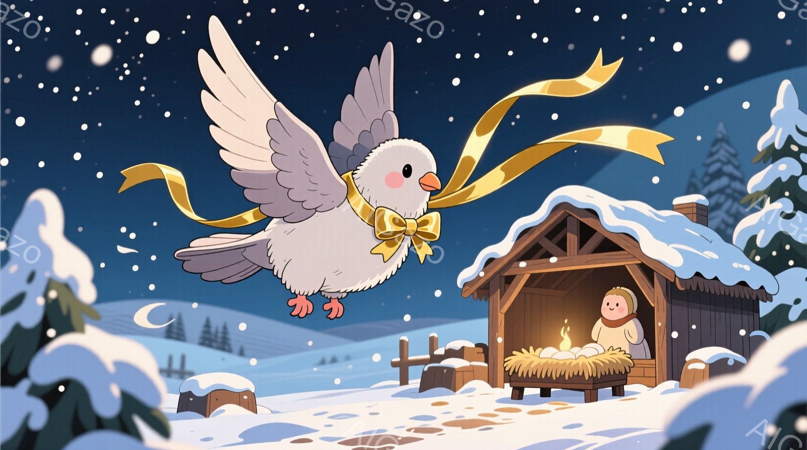 雪景色の中に、小さな馬小屋が描かれています。馬小屋の中には、赤い帽子をかぶった赤ちゃんがおり、穏やかな表情で横たわっています。空には白い鳩が舞い、黄色いリボンを引いており、冬の静寂と暖かさを感じさせる、穏やかな雰囲気のイラストです。