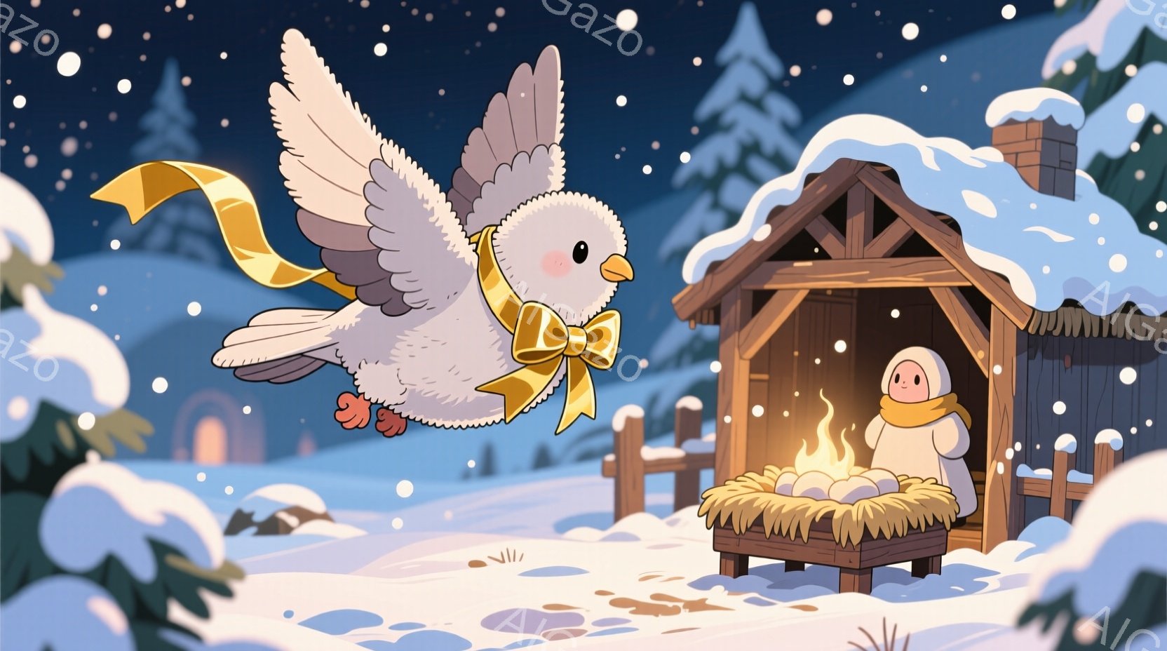 雪が降り積もる冬の風景の中に、小さな小屋と、それに寄り添う暖かな光が描かれています。白い鳩が金色リボンをつけ、空を飛んでおり、小屋の前には藁でできたベッドと、その中で暖を取る、白い帽子とマフラーをつけた幼い子供がいます。全体的に、静かで温かく、平和なクリスマスの雰囲気が漂っています。