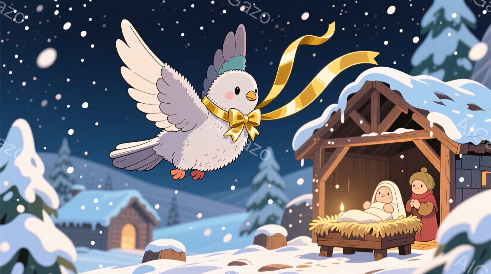 雪が降る夜、小さな村の風景が描かれています。納屋のような建物の中に赤ちゃんがおり、赤い服を着た少女が寄り添っています。空にはリボンを付けた白い鳥が飛び、温かく穏やかなクリスマスの雰囲気を醸し出しています。