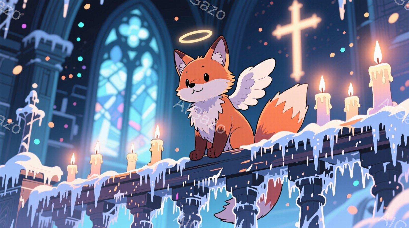 キツネのキャラクターが、ステンドグラスの窓とたくさんのロウソクが並んだ教会の屋根の上に座っています。キツネはオレンジ色で、翼と光輪を持っており、穏やかで幸福そうな表情を浮かべています。背景は暗く、雨が降っているようで、全体的に神聖で幻想的な雰囲気を醸し出しています。