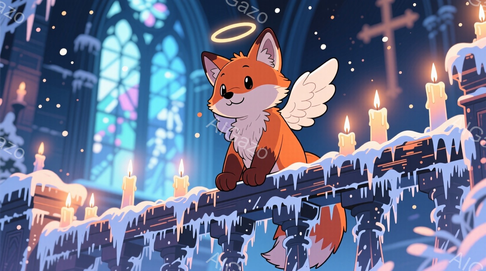 明るいオレンジ色のキツネが、氷の装飾が施された黒い柵の上に座っています。 キツネは小さな白い翼と頭上の光輪を持っています。背景にはステンドグラスの窓と燃えるキャンドルが並び、雪が降る夜の教会のような雰囲気です。
