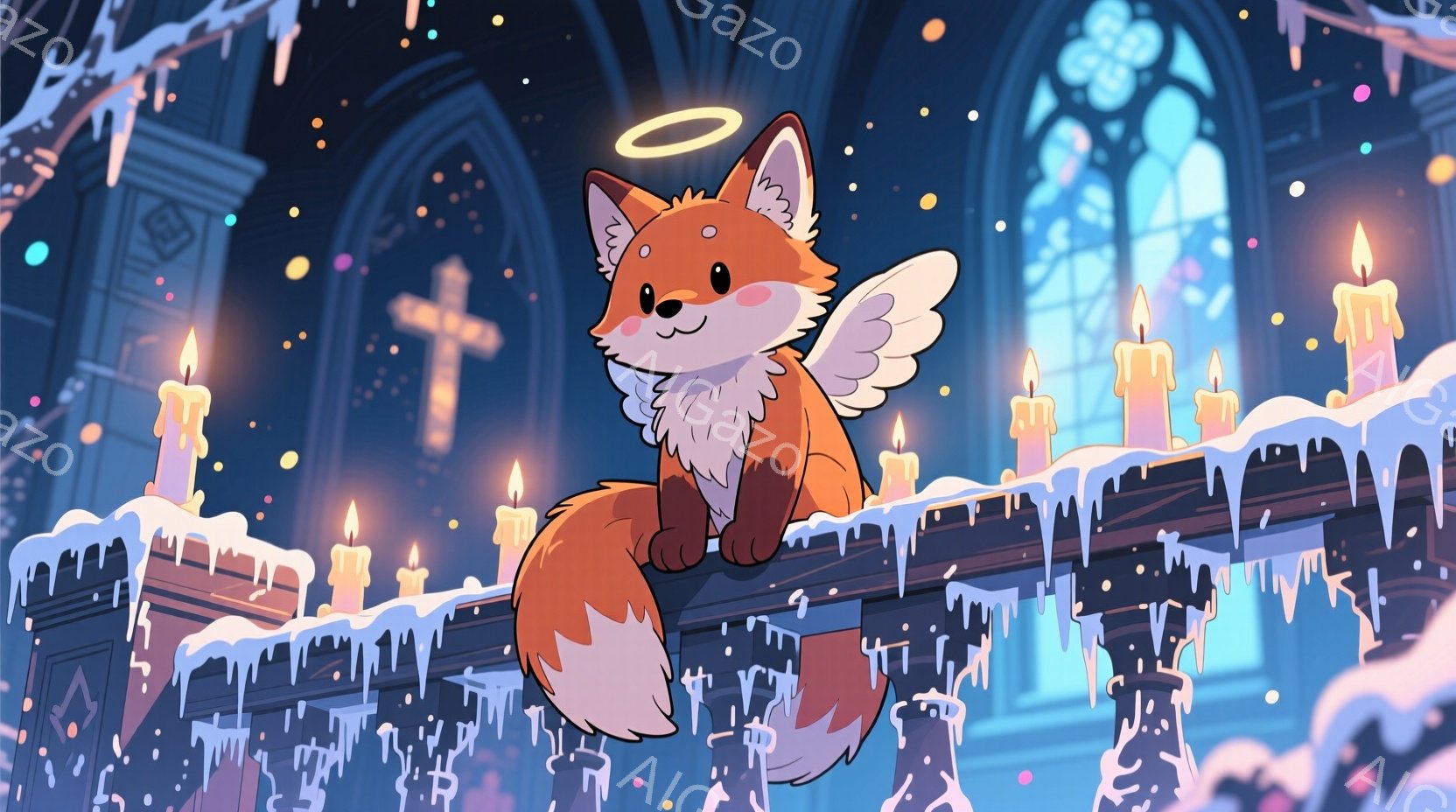 鮮やかなオレンジ色のキツネが、天使の輪と白い翼を身に着けて、教会内の装飾的な柵の上に座っています。キツネは微笑んでおり、穏やかで可愛らしい表情をしています。背景にはステンドグラスの窓と点在するロウソクがあり、全体的に幻想的で温かい雰囲気を醸し出しています。