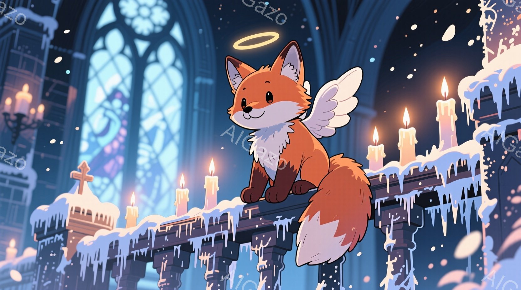 可愛らしいキツネが、雪で覆われた教会屋根の上に座っています。小さな翼と頭上の光輪が特徴で、暖かく穏やかな表情をしています。背景にはステンドグラスの窓が光り、多くのロウソクが灯り、雪が舞う幻想的な冬の夜を表現しています。
