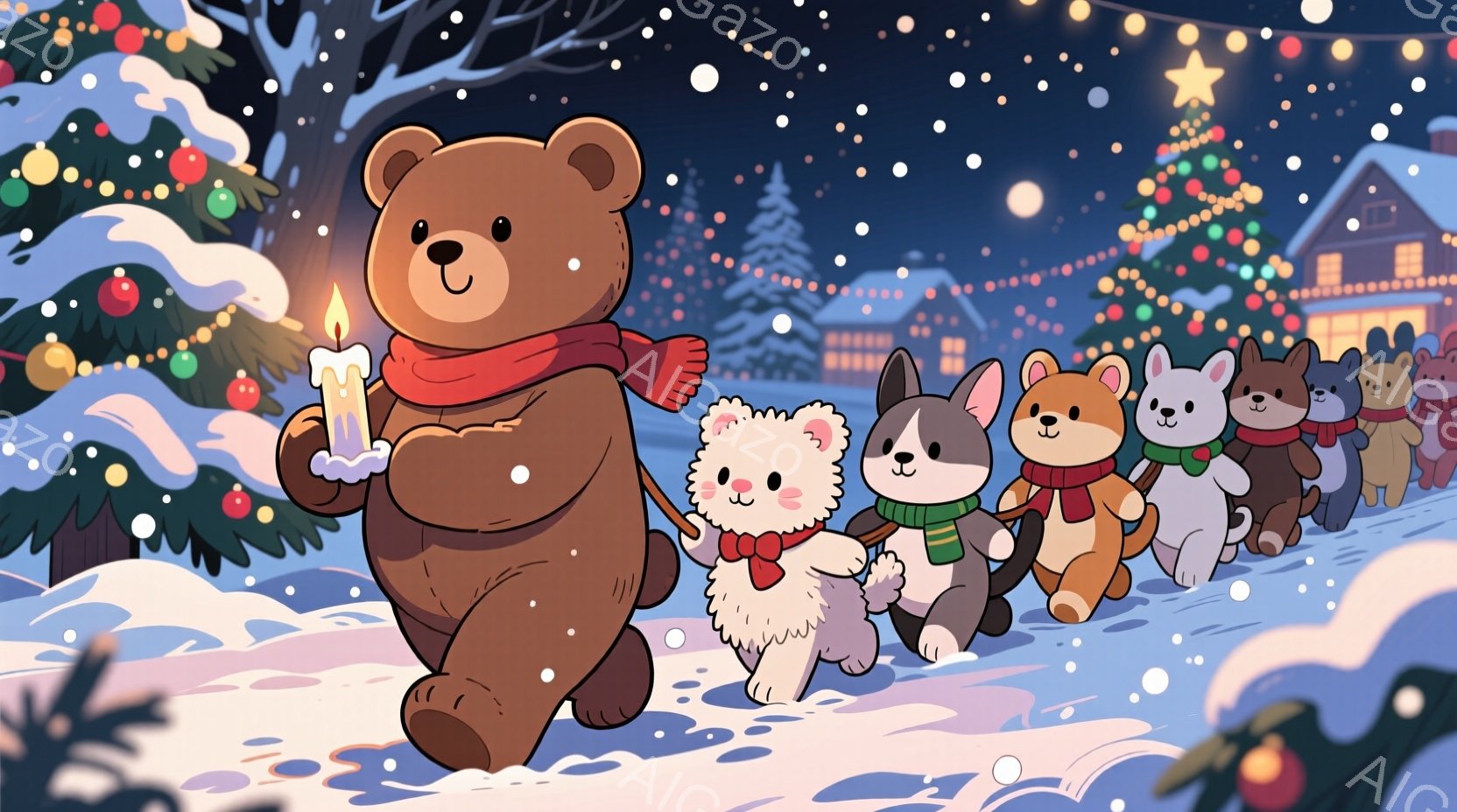 雪が降る夜、大きなクマが先頭に立ち、様々な種類の犬たちが列になって歩いている。クマは赤いマフラーを巻き、片手にロウソクを持っており、犬たちはそれぞれ緑や赤のマフラーを巻いている。背景には、クリスマスツリーや明かりの灯る家々が並び、暖かく幻想的な冬の夜の雰囲気が漂っている。