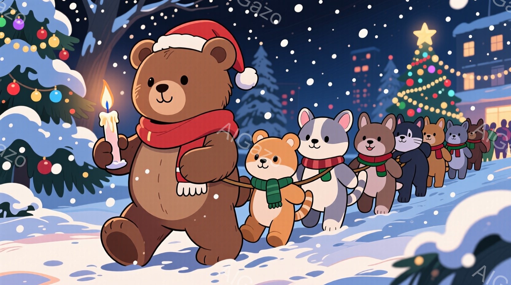 雪が降る夜、サンタの帽子をかぶった大きな茶色のクマが、ロウソクを持って先頭を歩き、様々な動物たちが手をつないで列をなしています。背景には、明るく光る窓を持つ可愛らしい家々や、クリスマスツリーが飾られた雪景色が広がり、温かく穏やかなクリスマスの雰囲気が漂います。動物たちは皆笑顔で、お祝いのパレードをしているようです。