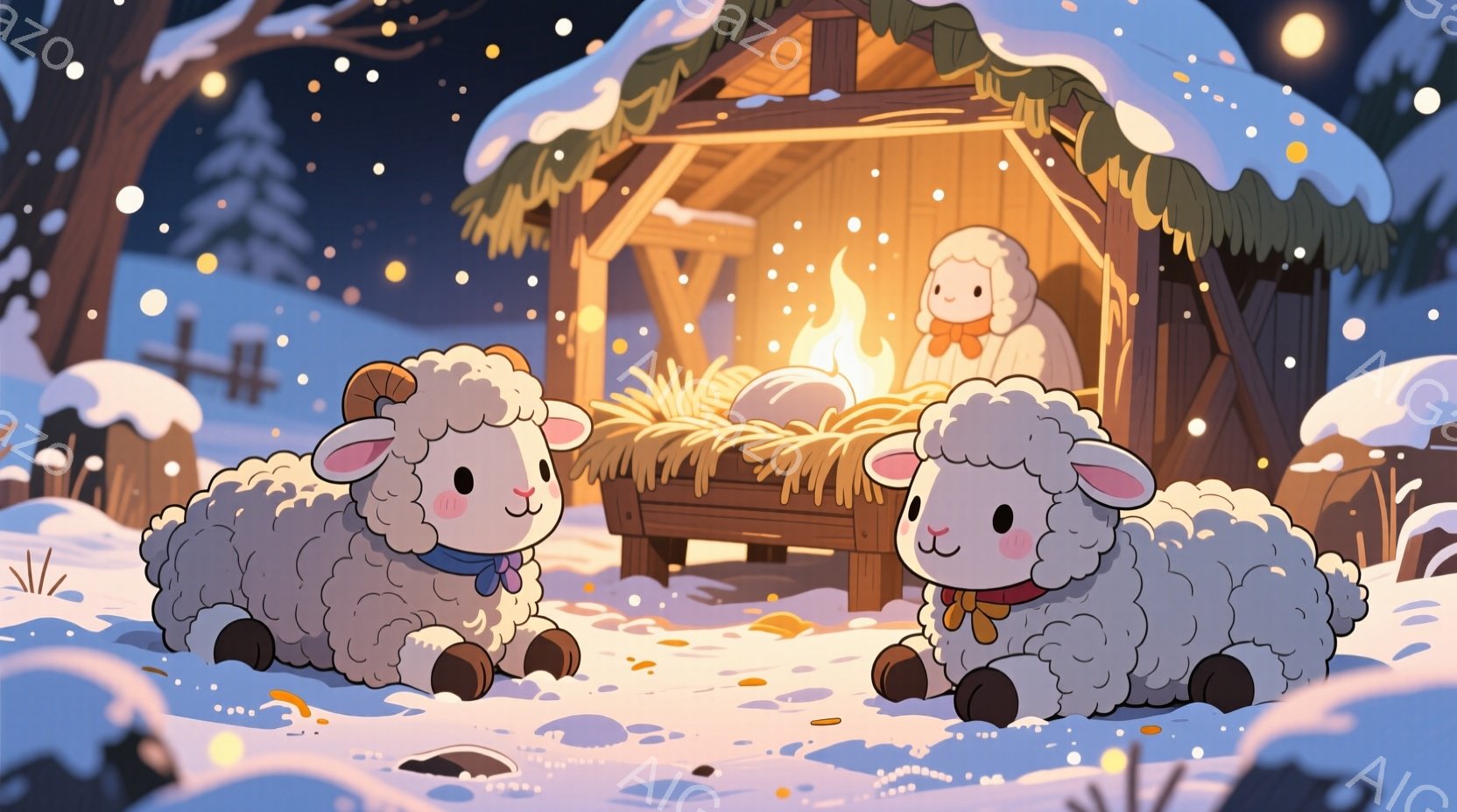 雪が降る夜、かわいらしい羊たちが暖炉のそばに座っています。二匹の羊はそれぞれ赤いリボンをつけており、穏やかで幸せそうな表情をしています。背景には雪で覆われた木々と、藁でできた小さな小屋があり、暖炉の光が暖かく優しい雰囲気を作り出しています。