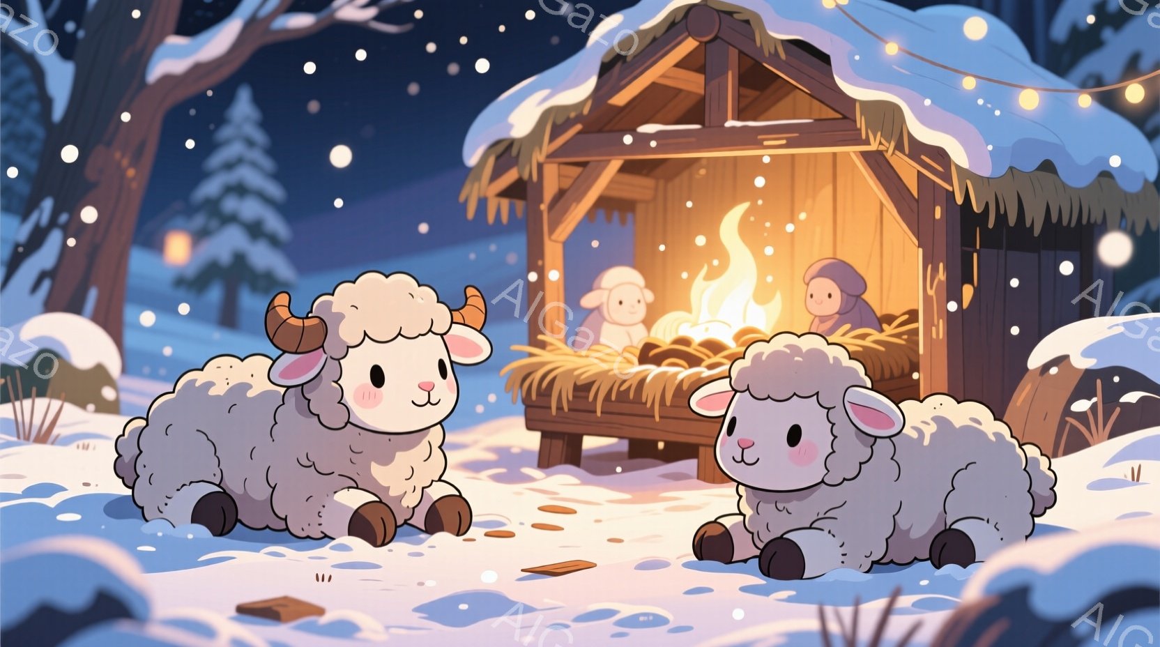 雪景色の中に、可愛らしいヒツジが二匹横たわっています。ヒツジたちは笑顔で、丸い体と短い足が特徴的です。背景には藁でできた小屋があり、中には小さな火が灯り、他のヒツジもいます。
