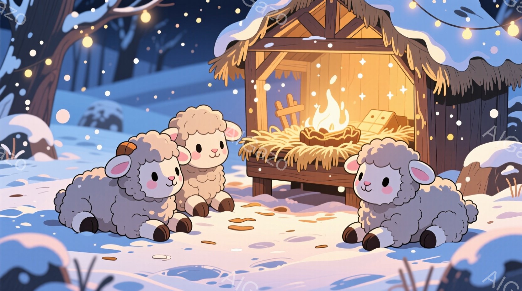 雪景色の中に、かわいらしい子羊たちが３匹、寄り添って座っています。子羊たちは白いふわふわの毛並みで、つぶらな瞳と優しい笑顔が印象的です。背景には藁葺き屋根の小屋があり、中には暖炉の火が灯り、雪が舞う冬の温かい雰囲気が漂っています。