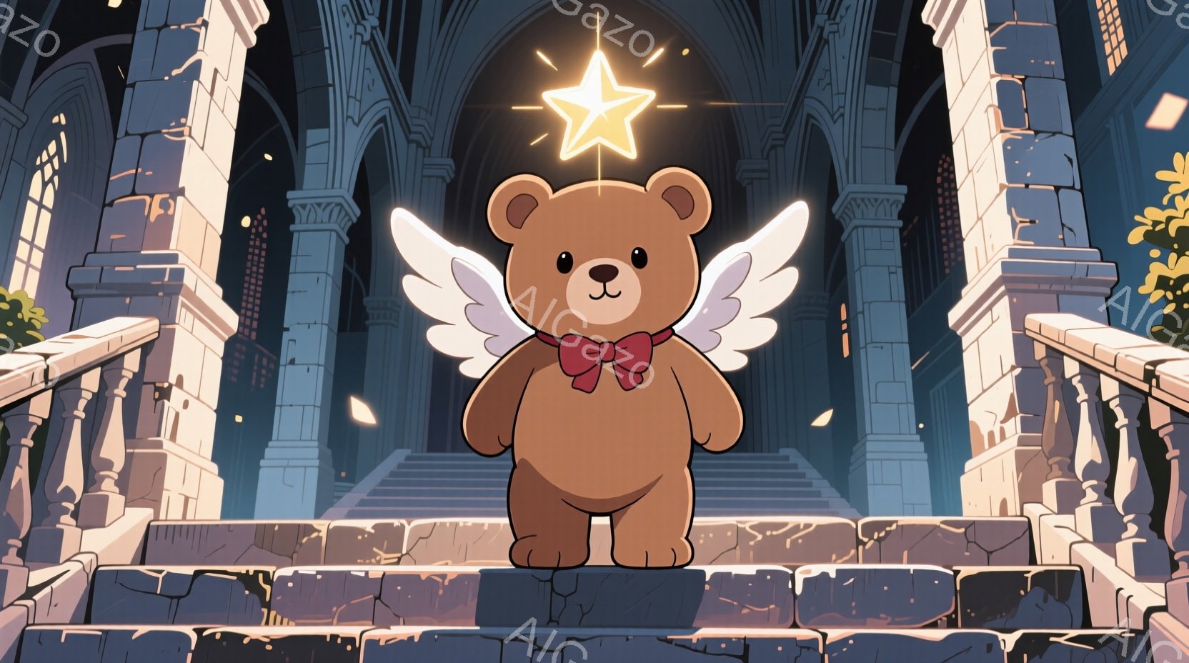 茶色のテディベアが、白い翼と赤いリボンをつけて階段の上に立っている。背景には、高いアーチ状の窓と石造りの階段が連なる壮大な建物があり、薄暗い光が差し込んでいる。全体的に、幻想的で温かい雰囲気を感じさせるイラストである。