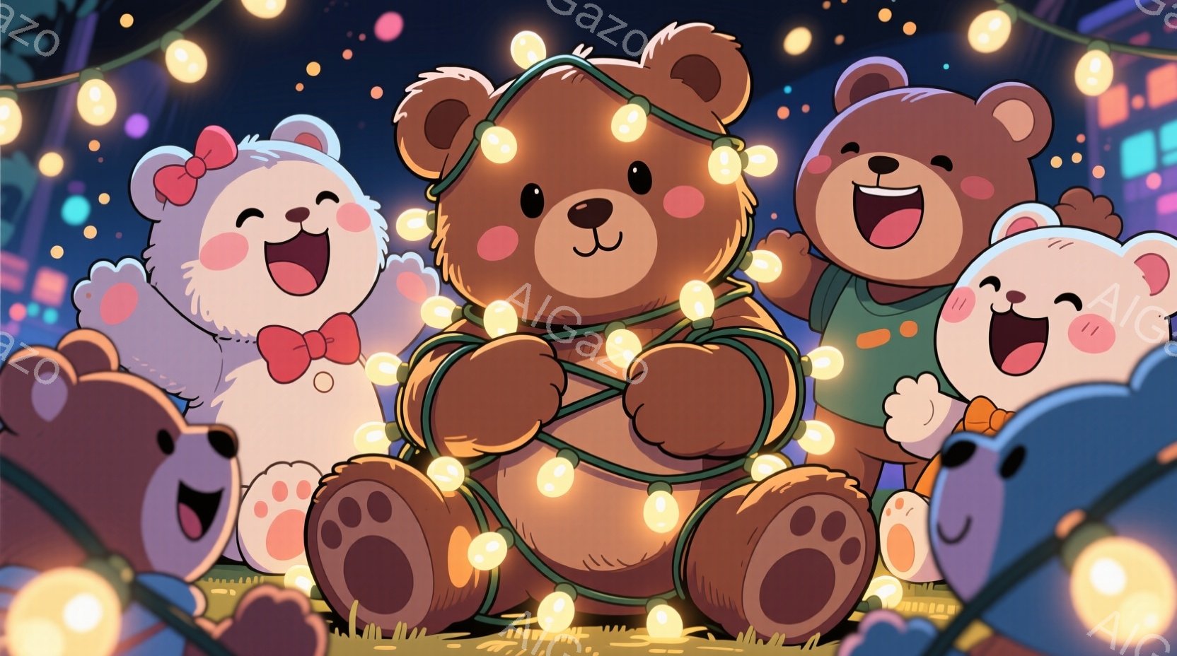 複数のテディベアが寄り添って、イルミネーションライトに囲まれています。白、茶色、ピンク、青色の様々な色のクマたちは皆笑顔で、それぞれ異なる服装をしています。背景には草が生え、ぼやけた建物が見え、お祭り - AI生成フリー素材