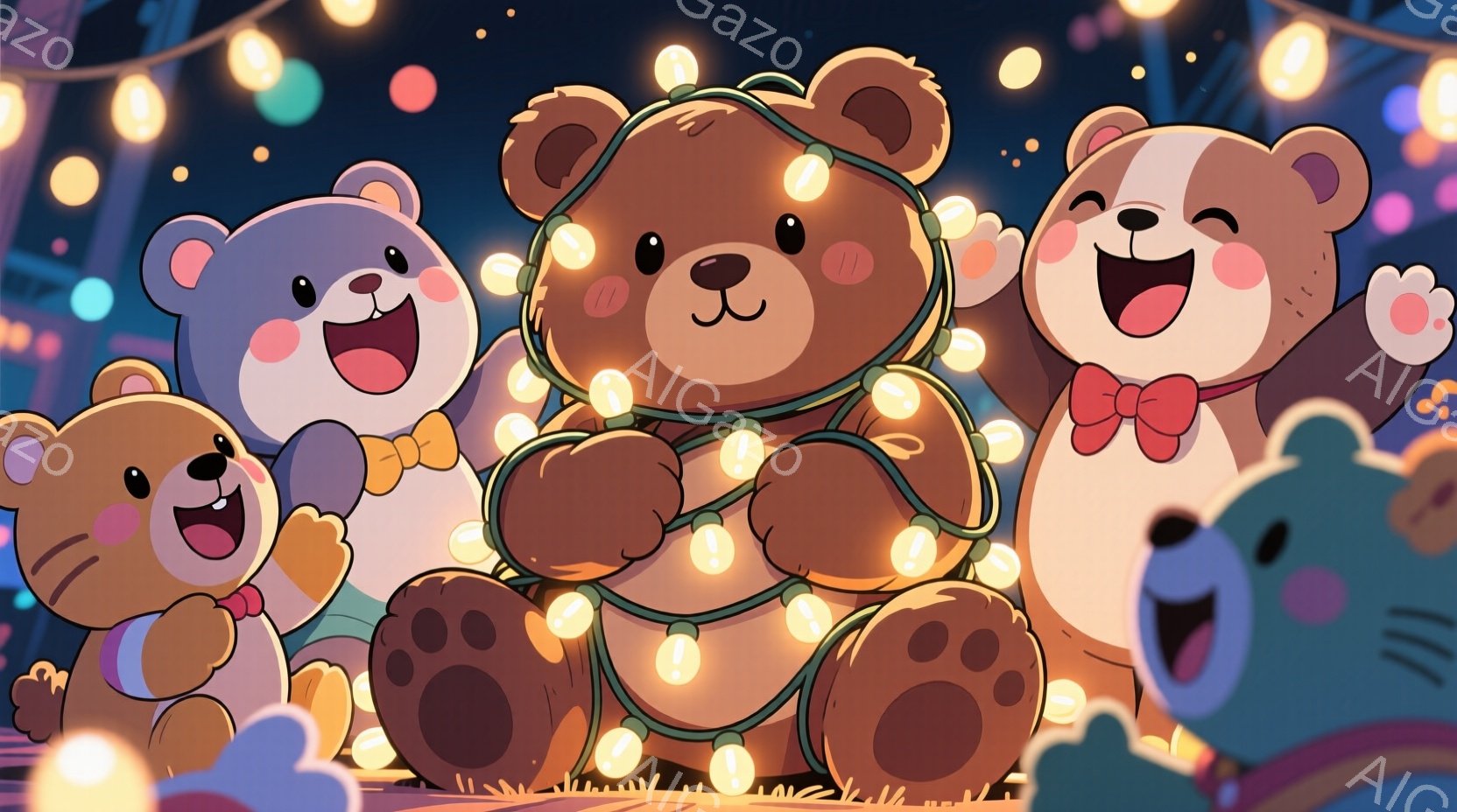 様々な色のテディベアたちが集まって、キラキラ光る電飾で囲まれています。彼らは皆、赤いリボンを首につけており、満面の笑顔で楽しんでいます。背景には、ぼやけた遊園地の夜景が見え、温かく、お祭り気分で溢れた - AI生成フリー素材