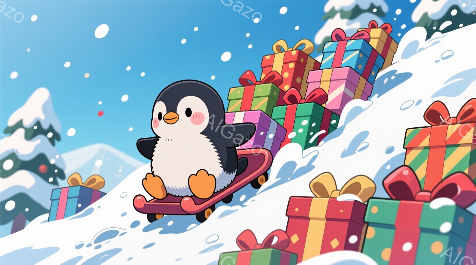 雪の丘をソリに乗って下っているペンギンのイラストです。ペンギンはオレンジ色の足とくちばしを持ち、頬はほんのりピンク色で可愛らしい表情をしています。背景にはカラフルなリボンで飾られたプレゼントの山と、雪 - AI生成フリー素材