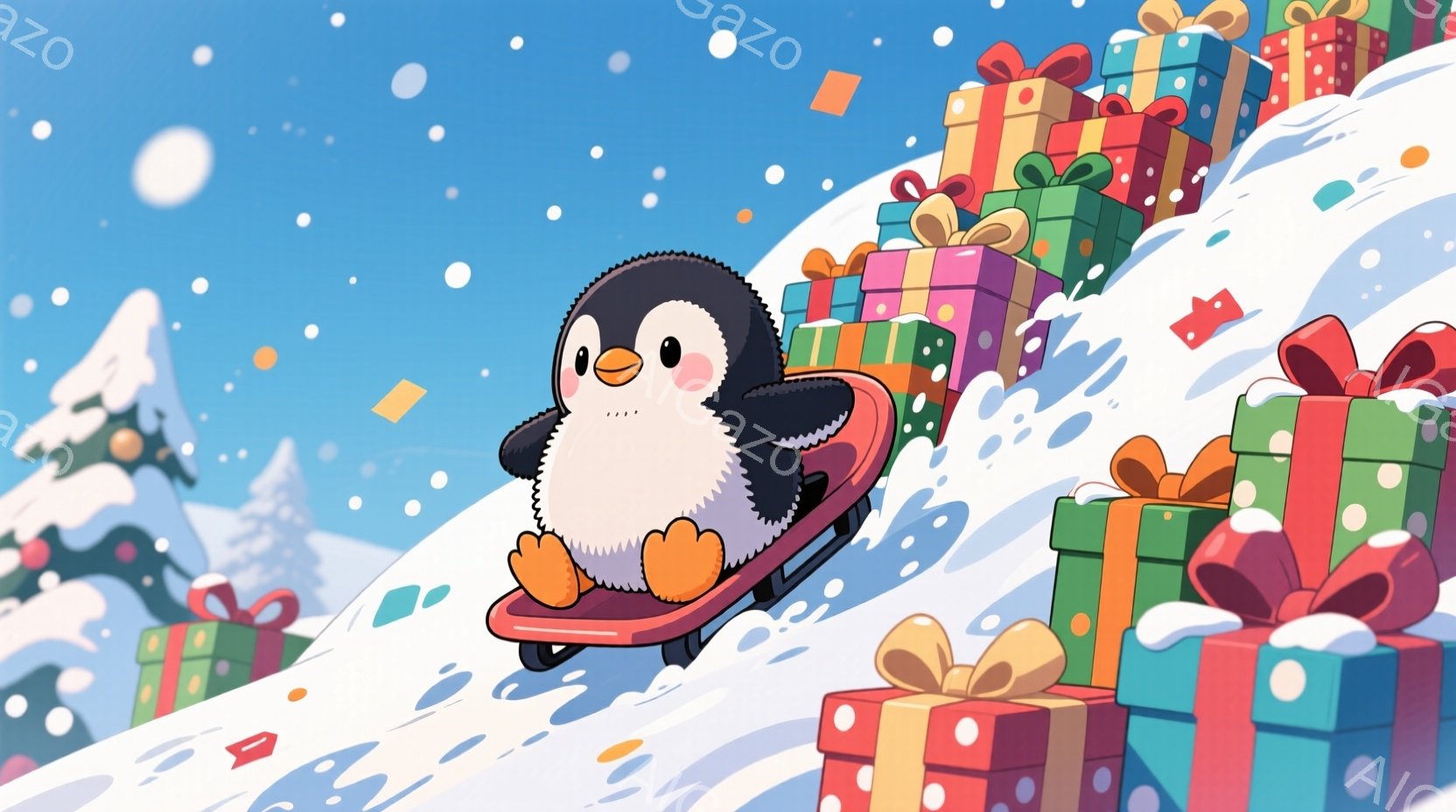 雪の斜面を赤いソリに乗って滑る、丸くてふわふわしたペンギンのイラストです。ペンギンは嬉しそうな表情で、小さな手でソリを支えています。背景には、カラフルなリボンで飾られたプレゼントボックスが積み重なり、 - AI生成フリー素材