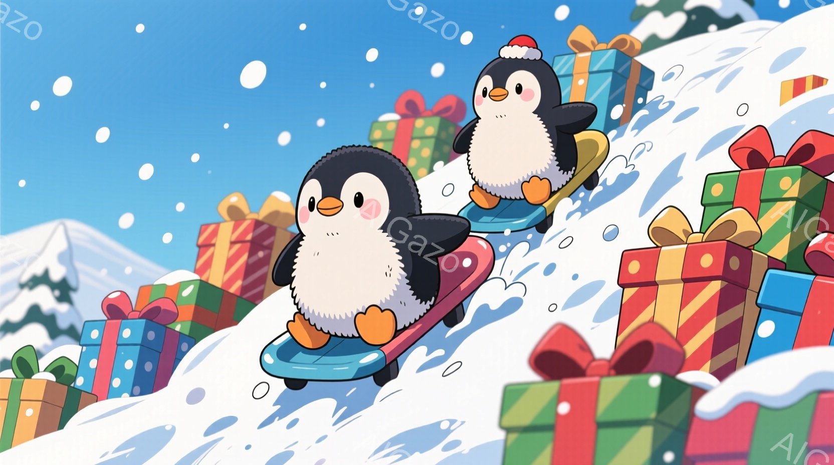 雪の中を滑っているペンギンのイラストです。一匹は赤いサンタ帽を被っており、もう一匹は何も被っていません。背景にはカラフルなプレゼント箱が散らばっており、雪景色の中に楽しげな雰囲気が漂っています。 - AI生成フリー素材