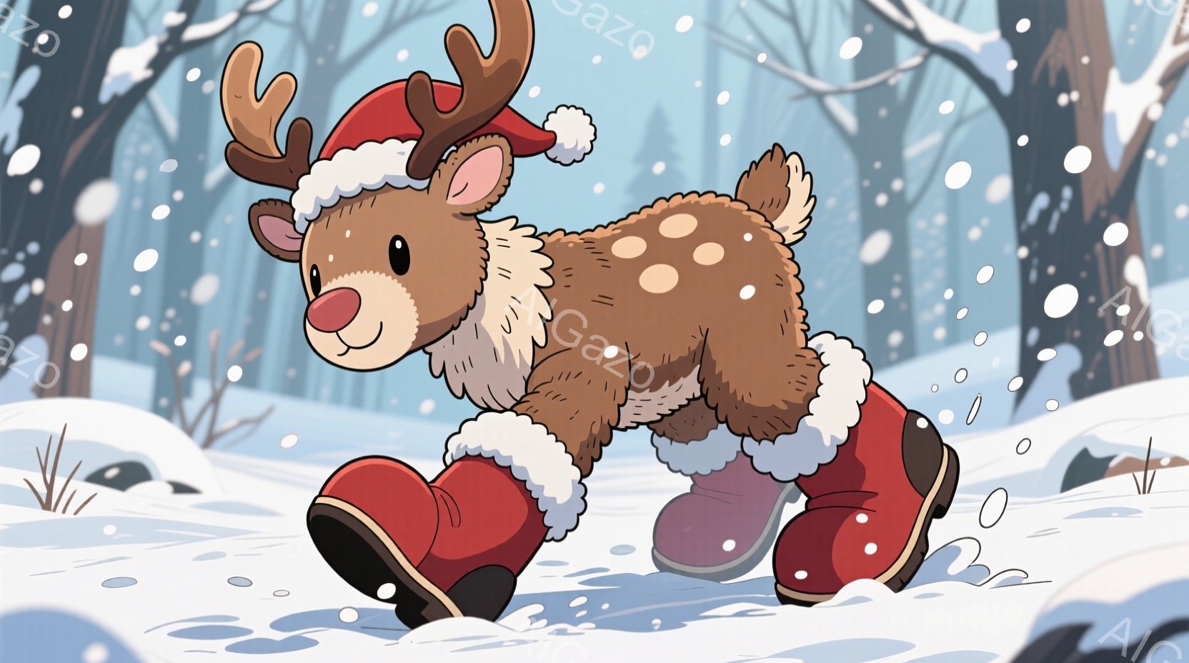 トナカイのキャラクターが雪の中を駆けているイラストです。赤いサンタ帽とブーツを履き、可愛らしい表情で活発な動きを見せています。背景は雪に覆われた森で、雪が舞い散り、冬の暖かく楽しい雰囲気を醸し出してい - AI生成フリー素材