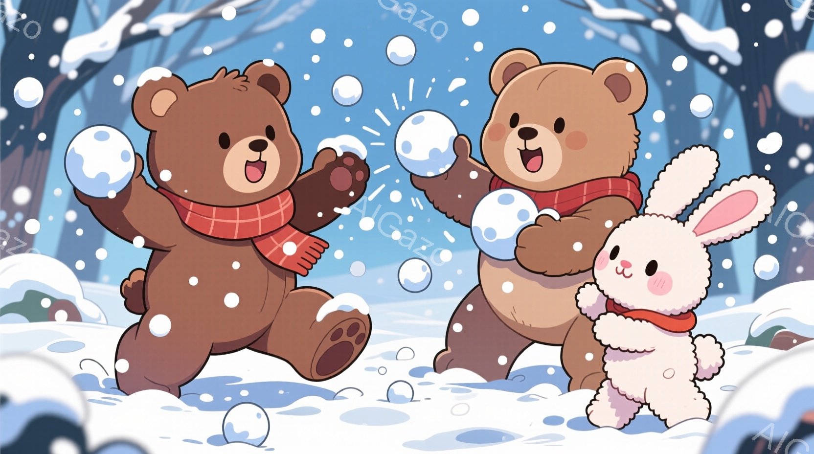 茶色のクマのキャラクターが2匹と、白いウサギのキャラクターが雪の中で雪合戦を楽しんでいます。クマたちは赤い縞模様のマフラーを巻いており、笑顔で雪玉を投げ合っています。背景には雪で覆われた木々があり、雪 - AI生成フリー素材