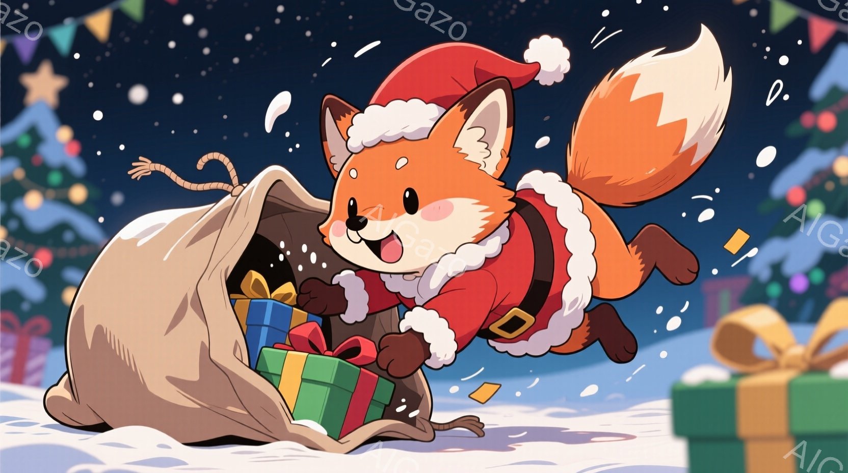 キツネのキャラクターがサンタクロースの衣装を着て、プレゼントが入った袋から飛び出してきました。明るい笑顔と躍動感のある姿勢が特徴で、周囲には雪片やカラフルなプレゼントの箱が散らばっています。背景にはク - AI生成フリー素材