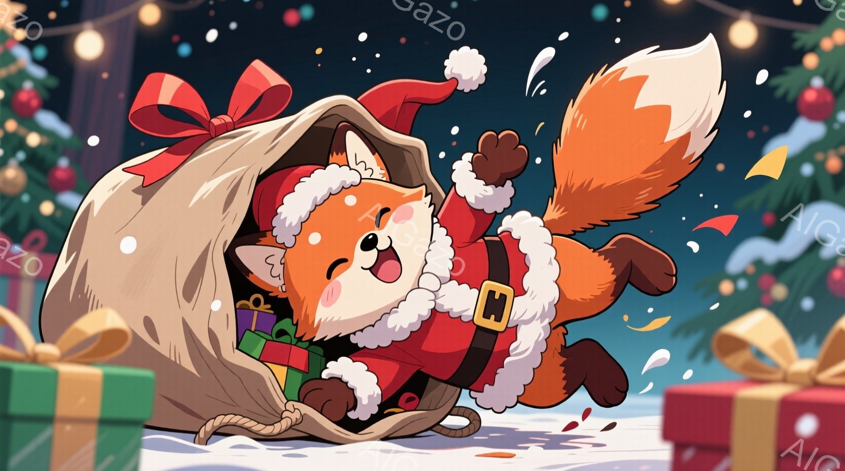 明るいオレンジ色のキツネが、サンタクロースの衣装を着て、プレゼントが入った袋から飛び出そうとしています。キツネは赤い帽子をかぶり、白い毛皮の縁取りが施された赤いジャケットと黒いベルトを身につけ、喜びと - AI生成フリー素材