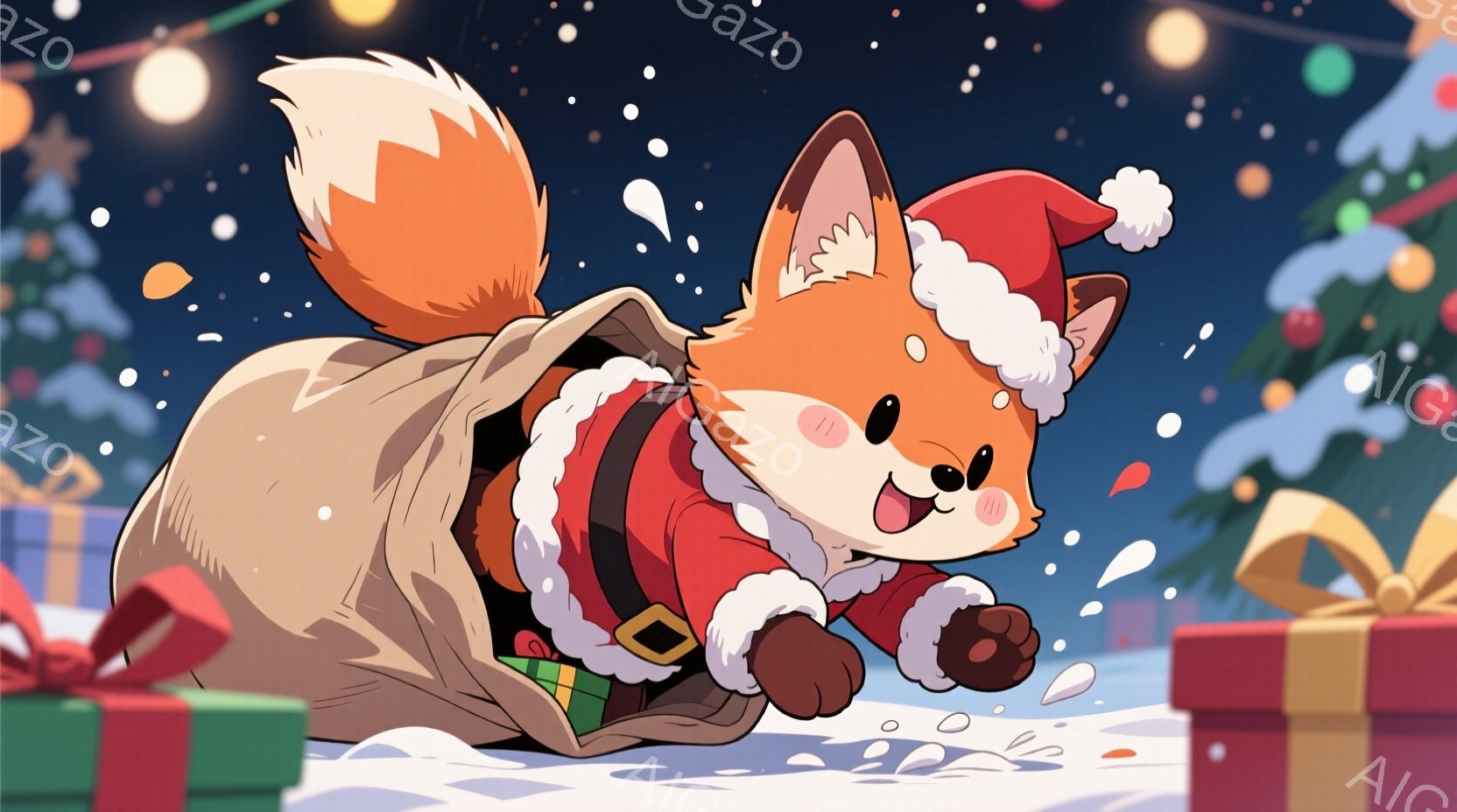 ふわふわの白いウサギが、カラフルなイルミネーションライトに包まれています。ウサギは丸まって座り、つぶらな瞳と小さな鼻が愛らしい表情を作り出しています。背景はぼやけた光の粒子で満たされ、温かくお祝いのような雰囲気を醸し出しています。