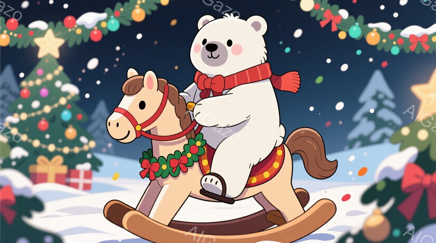 白いクマが木製のロッキングホースに乗って雪景色の中を駆け抜けています。クマは赤いマフラーとリボンを身につけ、ロッキングホースにはクリスマスリースが飾られています。背景には、飾り付けられたクリスマスツリ - AI生成フリー素材