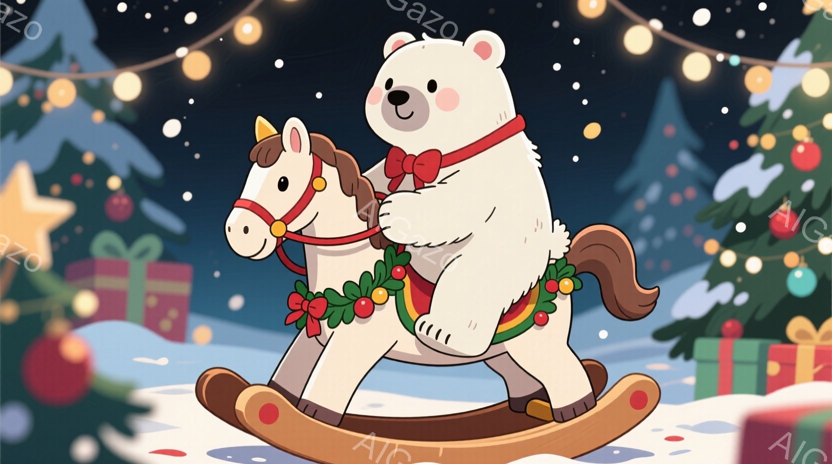 白いホッキョクグマが、木製のロッキングホースに乗り、嬉しそうに微笑んでいます。ロッキングホースには赤いリボンと、赤い実と葉の装飾が巻かれています。背景にはクリスマスツリーやプレゼント、雪が舞う様子が見 - AI生成フリー素材