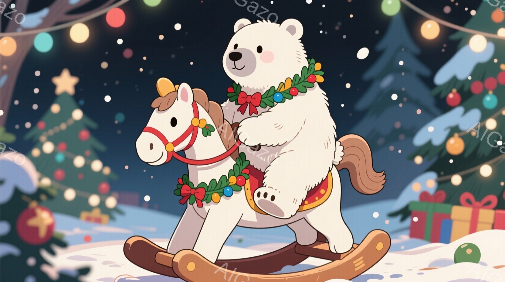 白い熊が揺れる木馬に乗っており、首に赤い実と緑の葉で飾られた花輪を巻いています。背景にはクリスマスツリーやプレゼント箱があり、雪が舞う冬の風景が広がっています。全体的に温かく、お祝いムードにあふれた、楽しい雰囲気です。