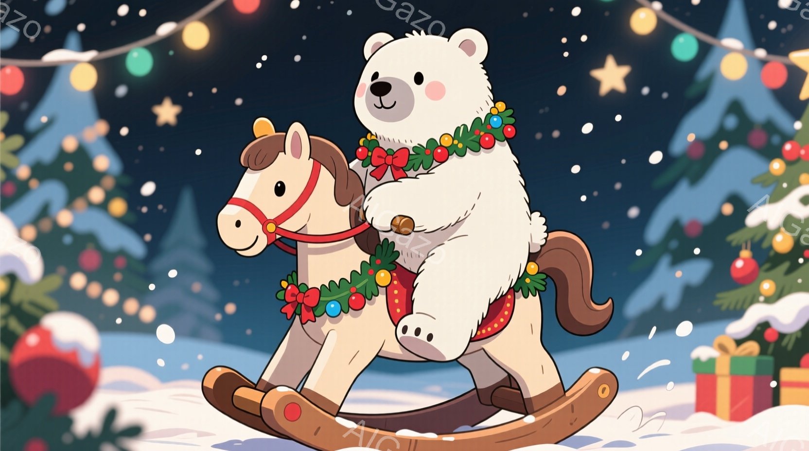 白いホッキョクグマが、赤い飾り付けがされた木馬に乗って楽しそうにしています。背景には雪が降り積もり、クリスマスツリーやプレゼントの箱が飾られ、お祝いムードを盛り上げています。全体的に暖かく、遊び心のある、クリスマスの雰囲気が漂うイラストです。