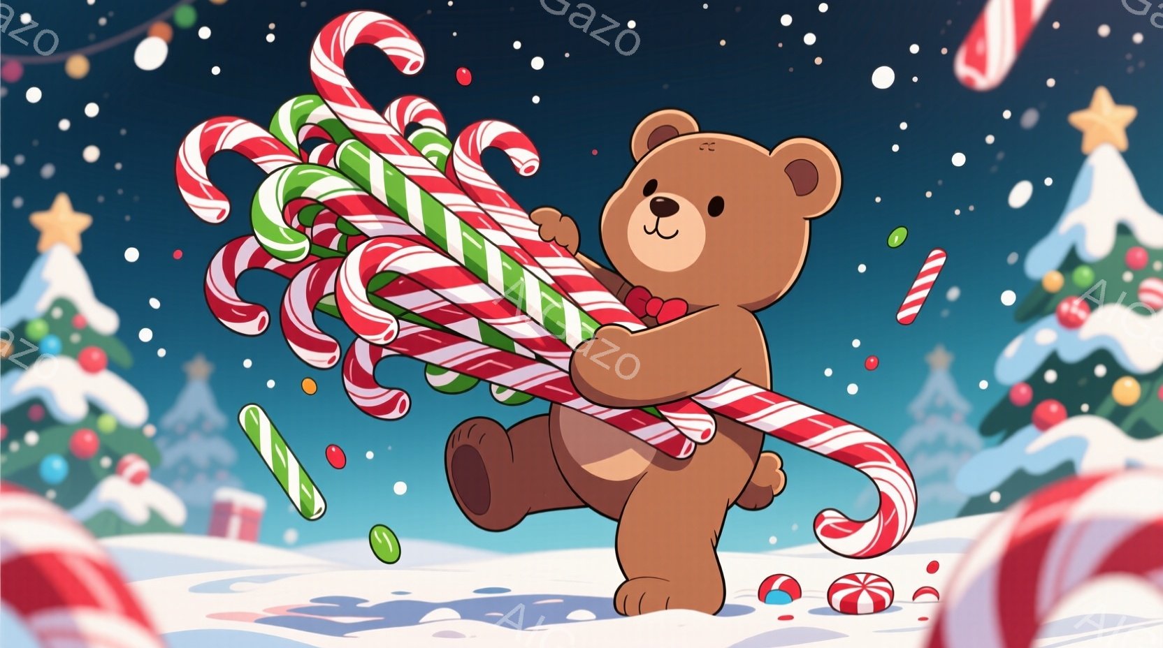茶色のテディベアが、赤と緑のキャンディケーンをたくさん抱えて走っています。背景には雪景色が広がり、クリスマスの飾り付けがされた木々が点在しています。全体的に明るく、楽しげなクリスマスの雰囲気が漂ってい - AI生成フリー素材