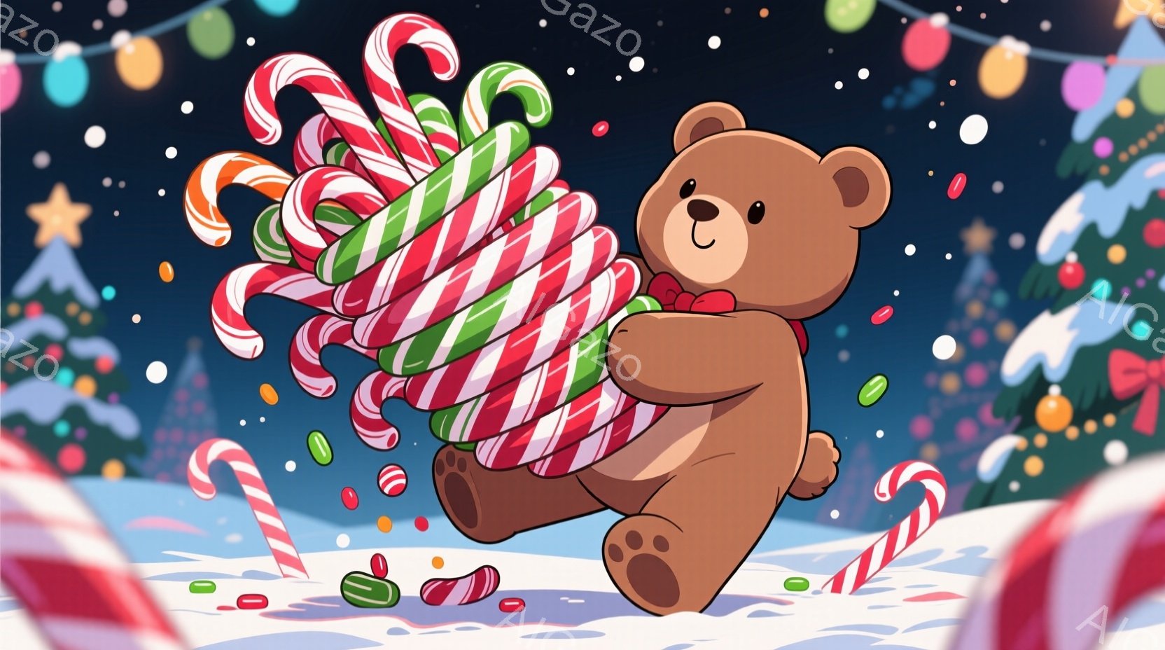 茶色のクマがクリスマスのキャンディケーンをたくさん抱え、雪の上を歩いている様子が描かれています。背景には、キラキラと光るイルミネーションと雪景色が広がり、クリスマスの飾り付けが散りばめられています。全 - AI生成フリー素材