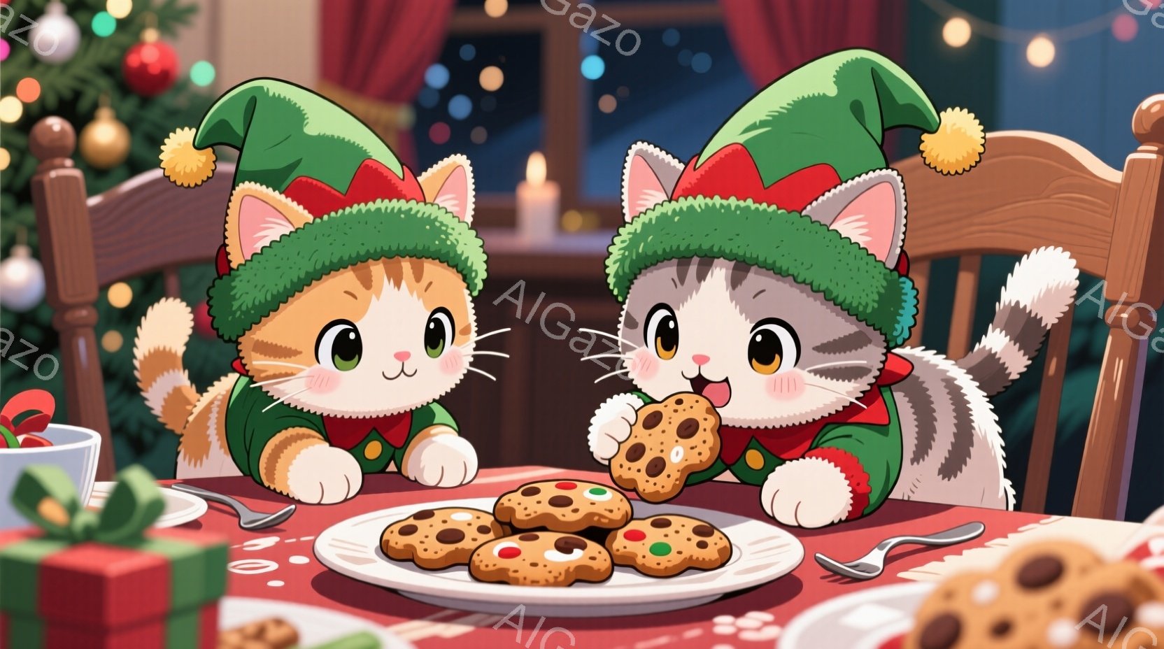 クリスマスの飾り付けられたテーブルを囲む2匹の猫が描かれています。どちらの猫も緑色のエルフ帽と赤い縁取りの緑色のセーターを着ており、片方の猫はクッキーを口に運んでいます。背景には、クリスマスツリーやプレゼントボックスがあり、温かく、お祝いの雰囲気を醸し出しています。