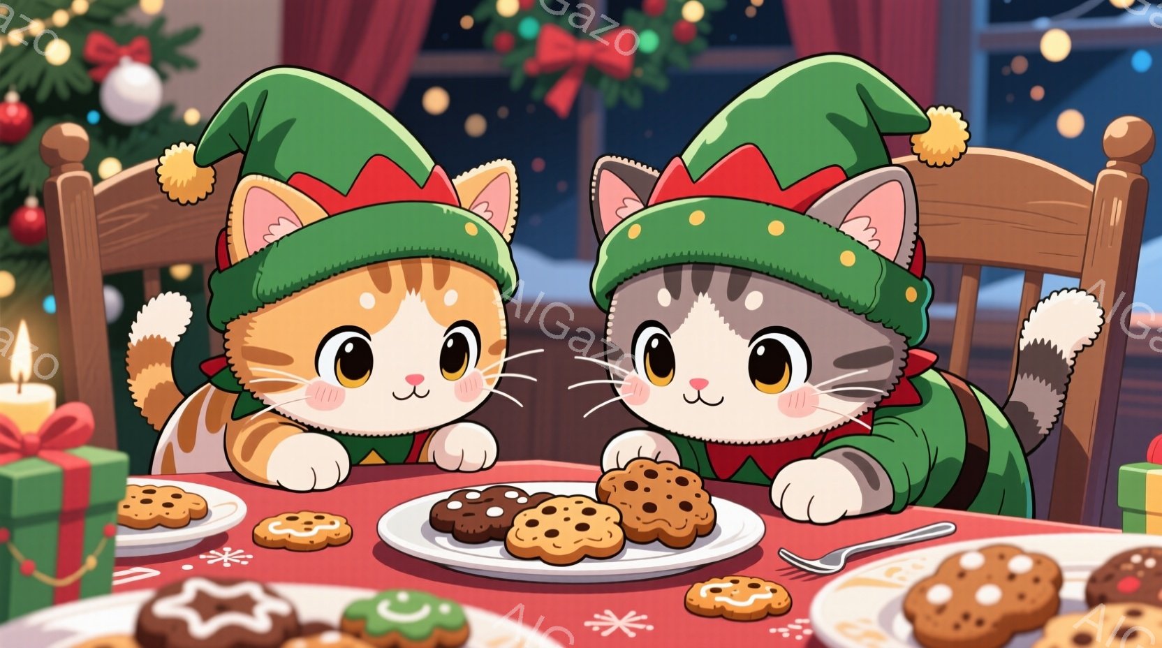 オレンジ色のしま模様の猫と灰色のしま模様の猫が、それぞれ緑色のクリスマスエルフの帽子をかぶってテーブルを挟んで座っています。二匹とも、大きな瞳で少し上目遣いをしており、テーブルに置かれたクッキーを見つめています。背景にはクリスマスツリーの飾りやプレゼント箱、そして柔らかな光が灯るキャンドルがあり、暖かく幸せなクリスマスの雰囲気が漂っています。