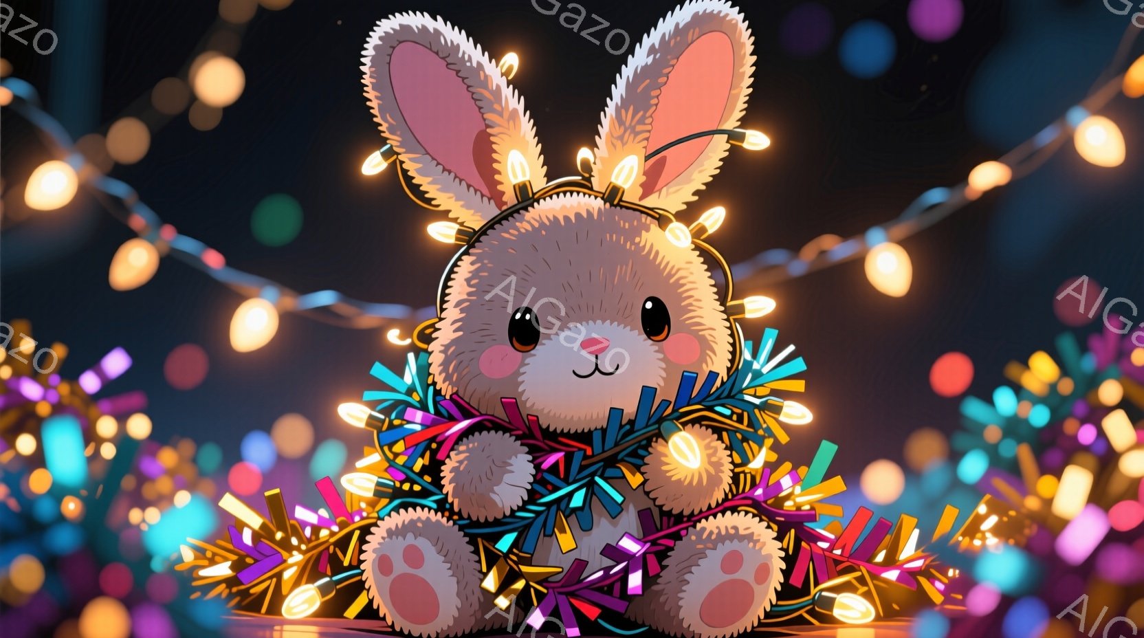 ふわふわの白いウサギが、カラフルなクリスマスライトに包まれて座っています。ウサギは丸い体で、大きな耳をピンと立て、つぶらな瞳と小さな鼻で可愛らしい表情をしています。背景にはぼやけた色の光が散りばめられ - AI生成フリー素材